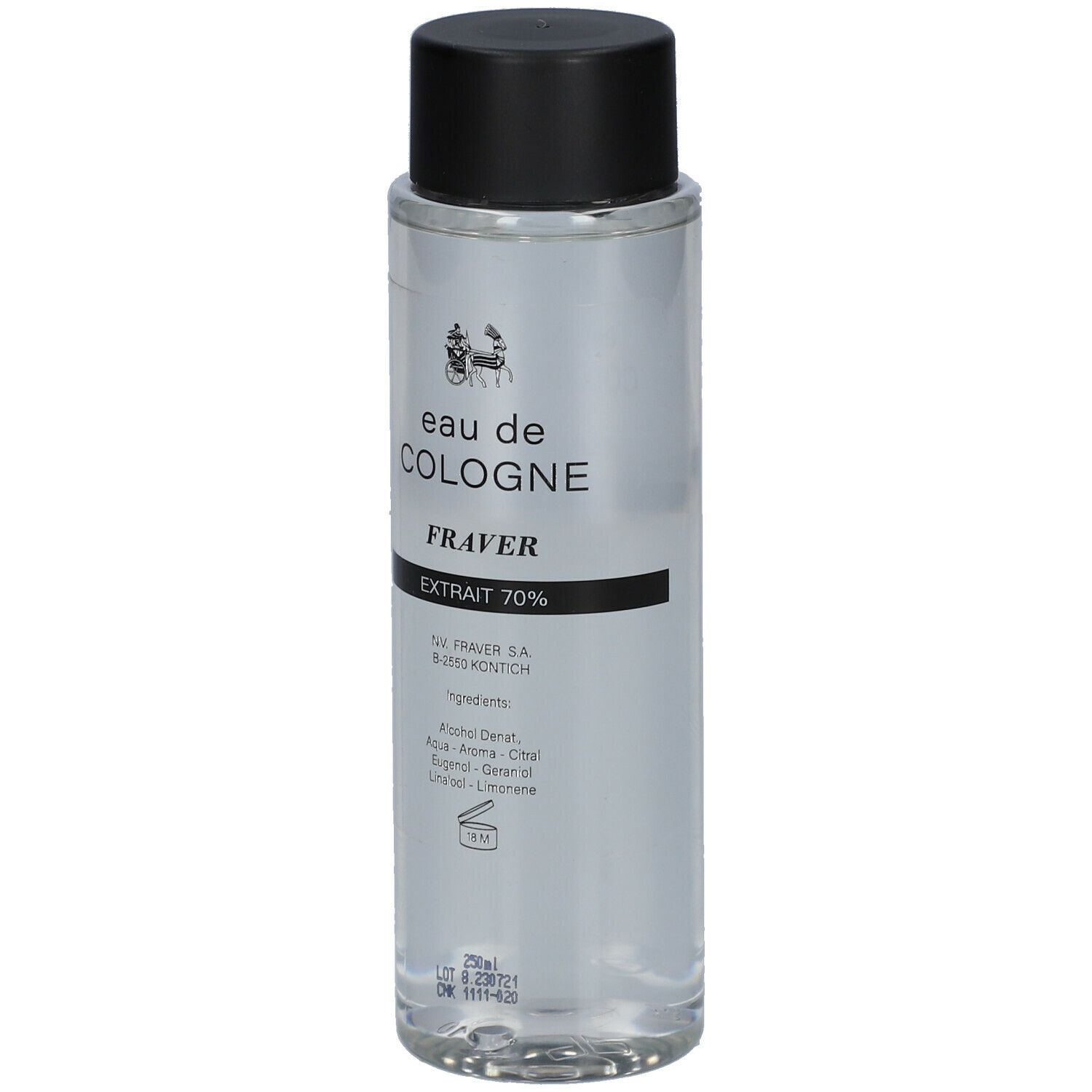 Transparante fles met zwarte dop. Opschrift: Eau de Cologne, Fraver, Extrait 70%.