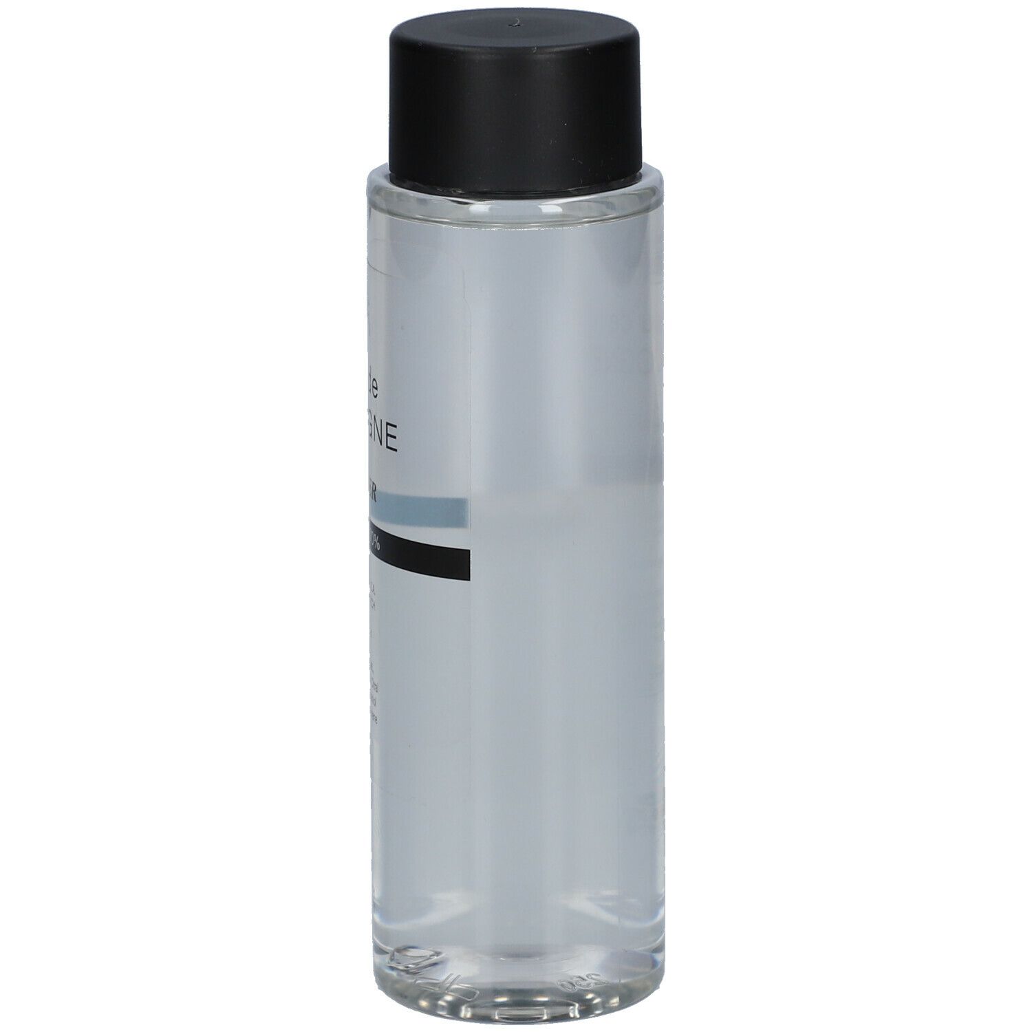 Transparante fles met zwarte dop. Gedeeltelijk beschreven.
