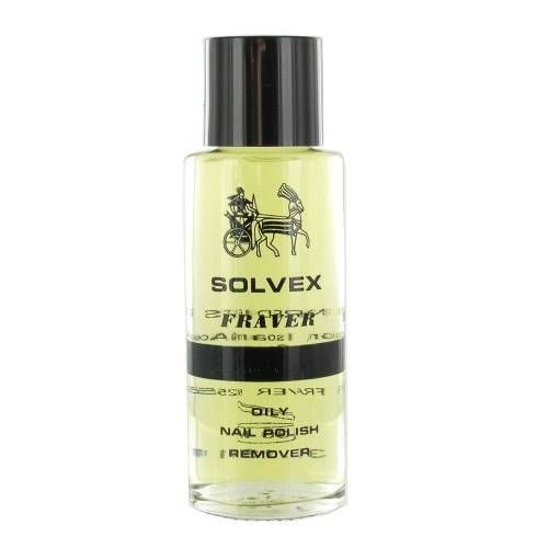Flacon transparent, bouchon noir. SOLVEX FRAVER, dissolvant pour vernis à ongles, huileux. Logo chariot et cheval.