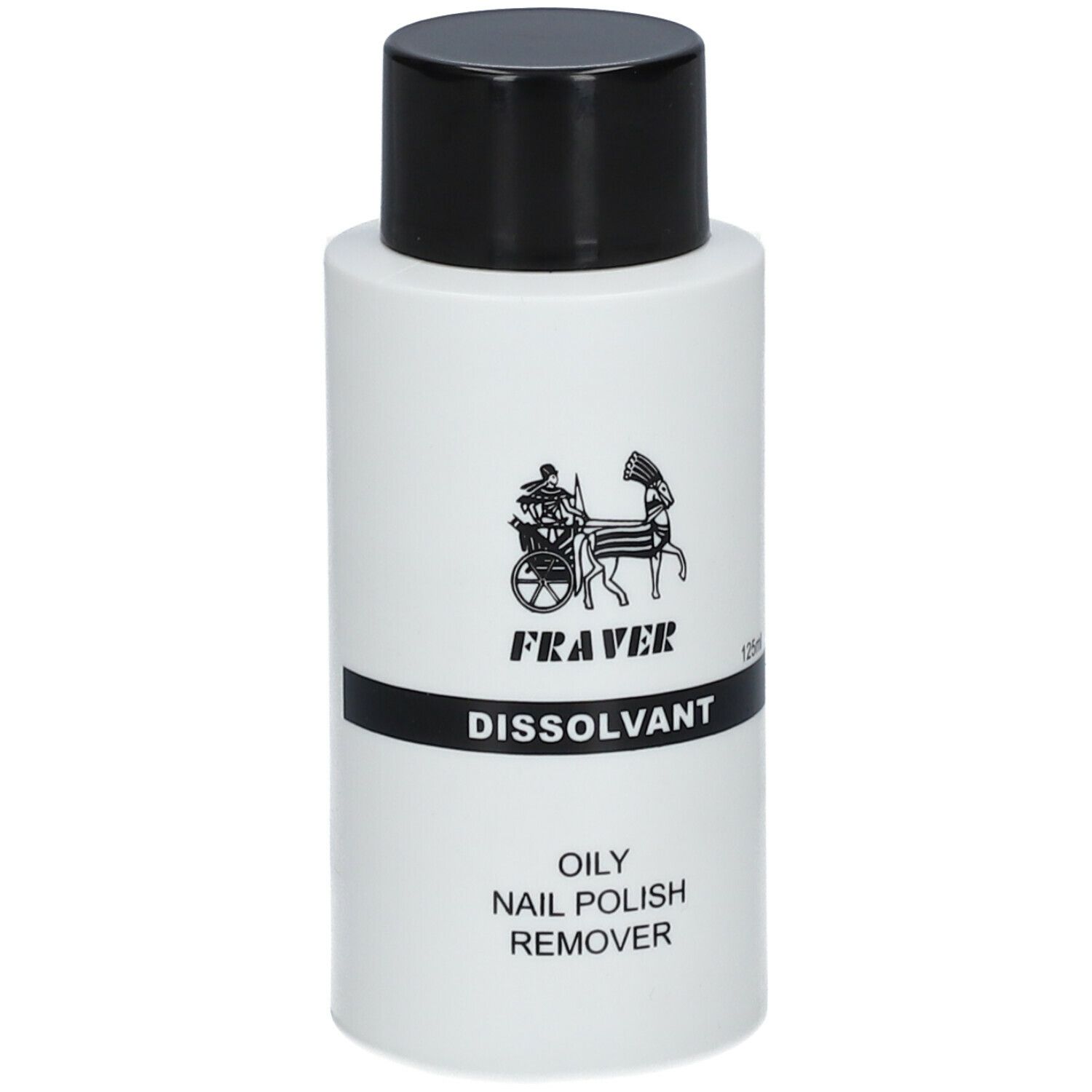 Weiße Flasche mit schwarzem Deckel. Aufschrift: FRAVER, DISSOLVANT, OILY NAIL POLISH REMOVER. Logo mit Kutsche.