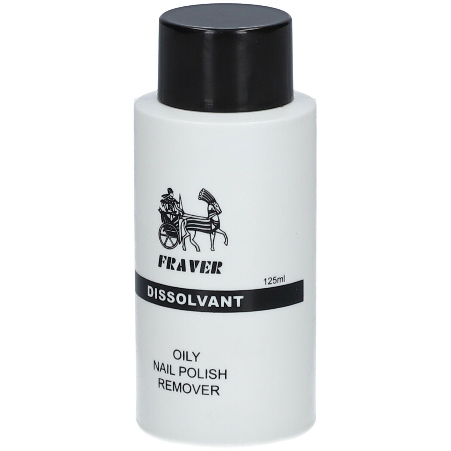 Weiße Flasche mit schwarzem Deckel. Aufschrift: FRAVER, DISSOLVANT, OILY NAIL POLISH REMOVER. Logo mit Kutsche. 125ml.