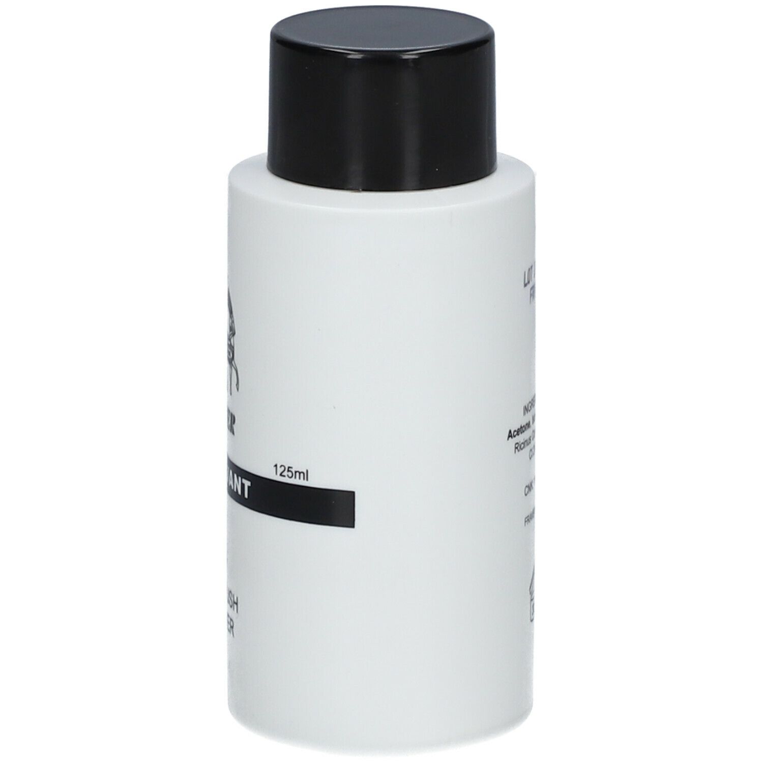 Weiße Flasche mit schwarzem Deckel. Aufschrift: FRAVER, DISSOLVANT, OILY NAIL POLISH REMOVER. 125ml. Rückseite mit Inhaltsstoffen.