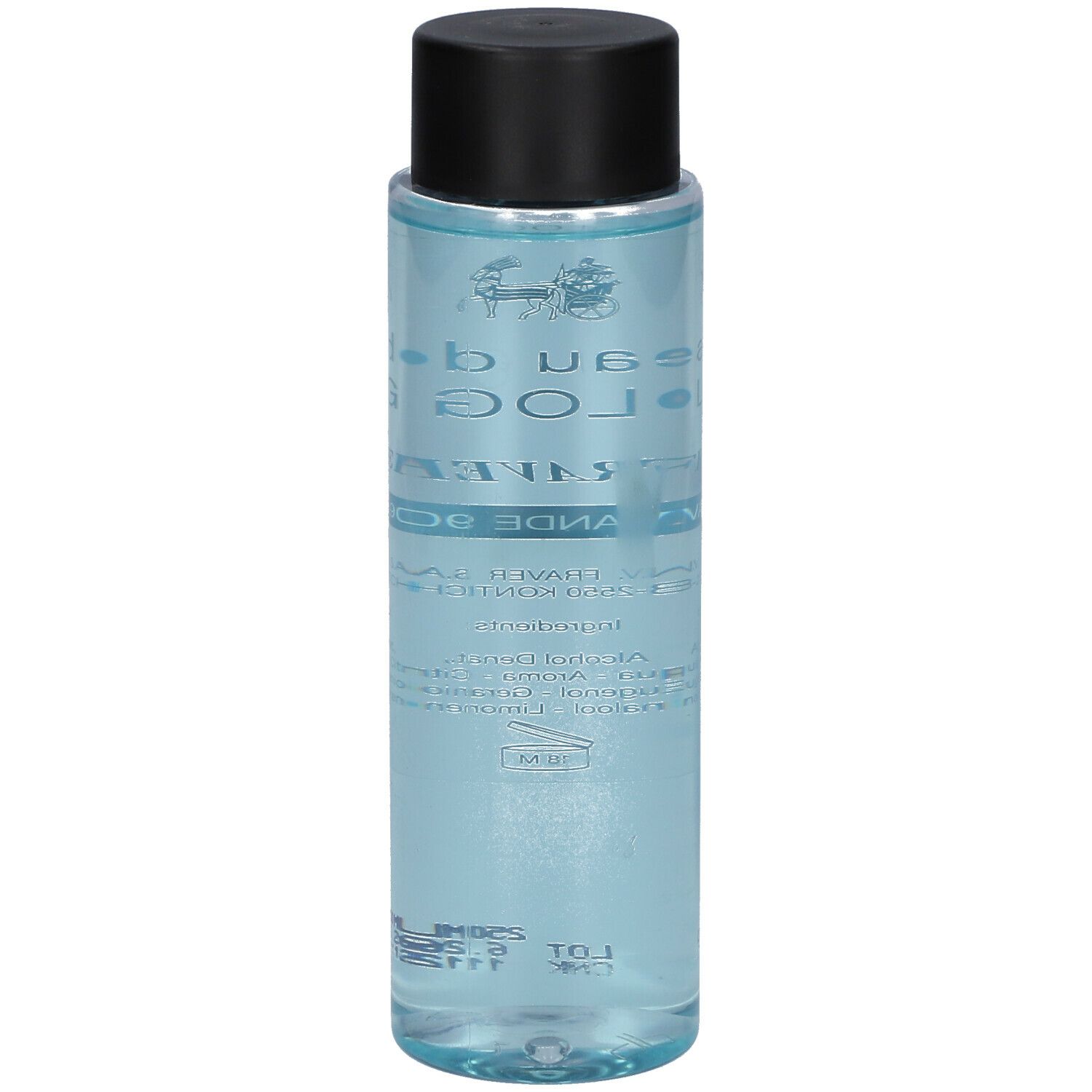 Flacon de Fraver Lavende 90, bouchon noir. Inscription: Eau de Cologne, Lavande 90%.