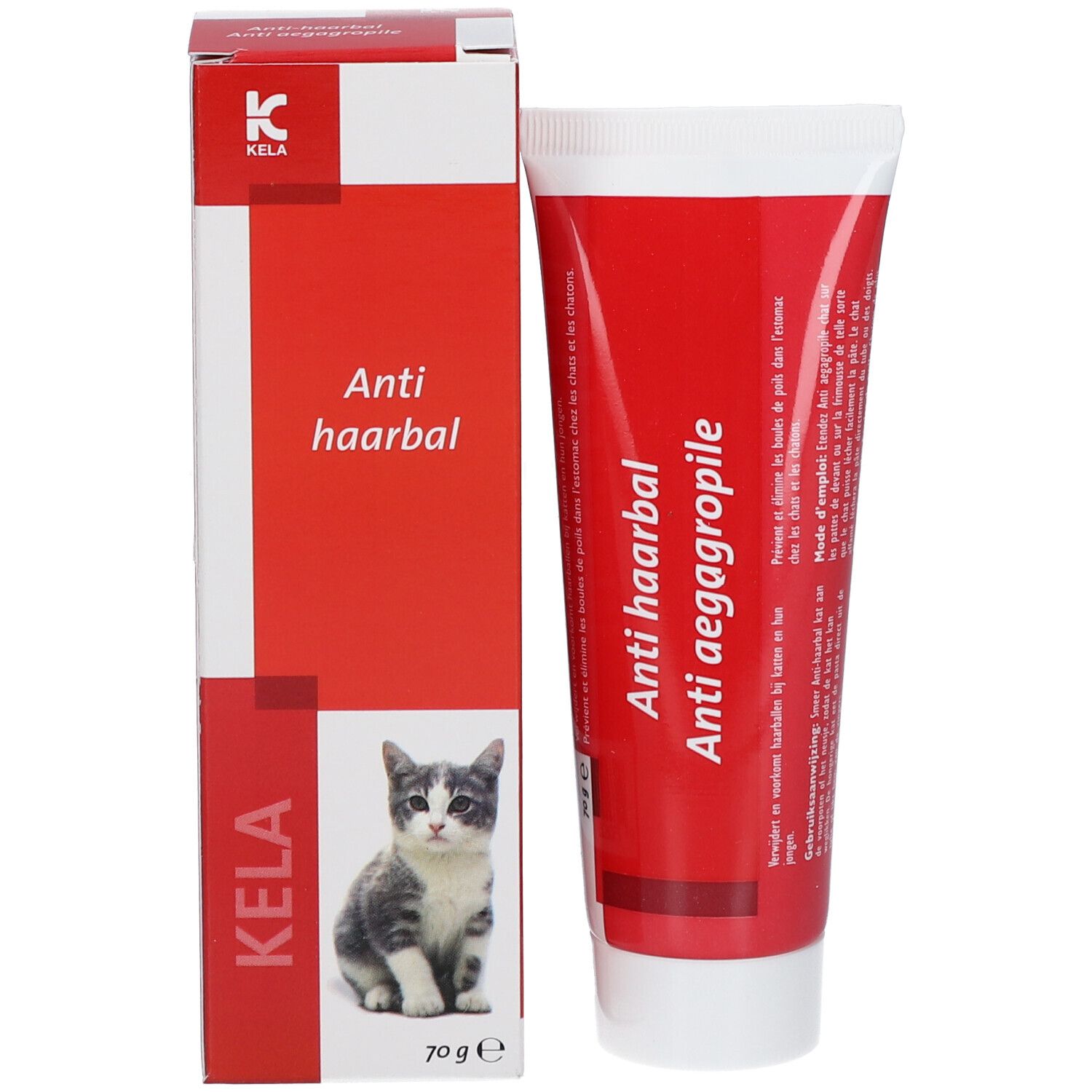 Emballage du produit avec tube et boîte. Boîte: KELA, Anti haarbal, chat. Tube: Anti haarbal, Anti aegagropile.