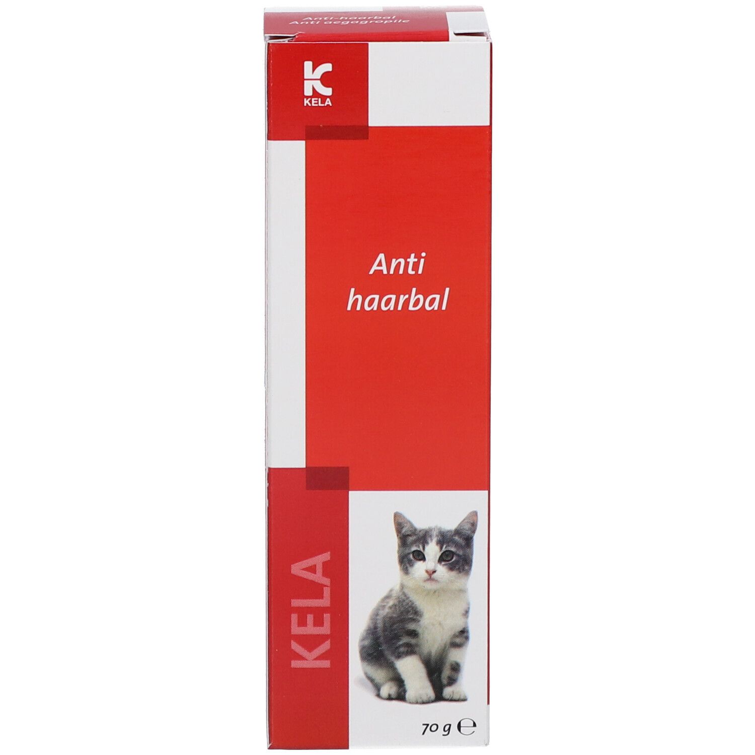 Emballage en carton. Inscription: KELA, Anti haarbal, chat. En bas: 70 g e. Couleurs rouge et blanc.