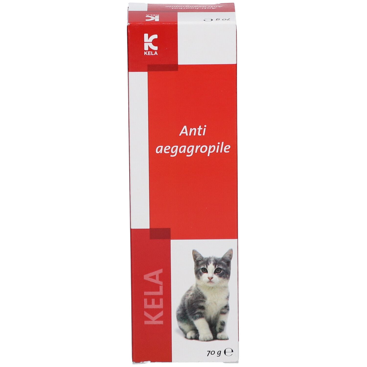 Emballage en carton. Inscription: KELA, Anti aegagropile, chat. En bas: 70 g e. Couleurs rouge et blanc.