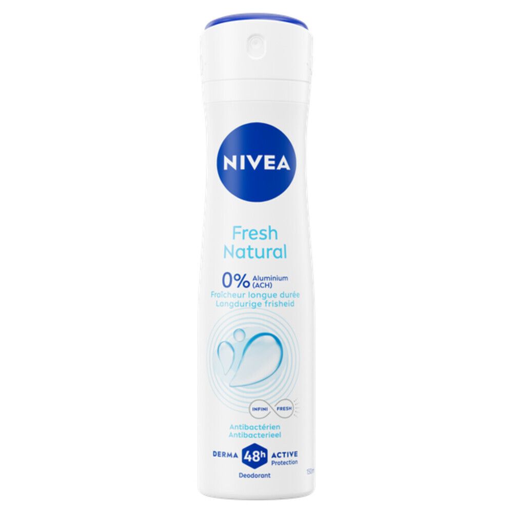 NIVEA Deospray Fresh Natural. Witte fles met blauwe dop en logo. Tekst: 0% Aluminium, antibacterieel, 48u bescherming.