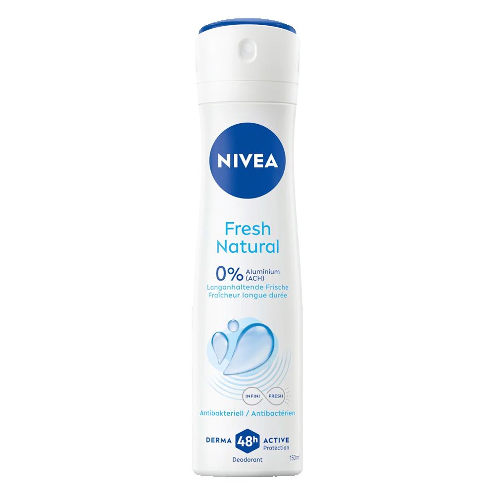 NIVEA Deospray Fresh Natural. Witte fles met blauwe dop en logo. Tekst: 0% Aluminium, antibacterieel, 48u bescherming.
