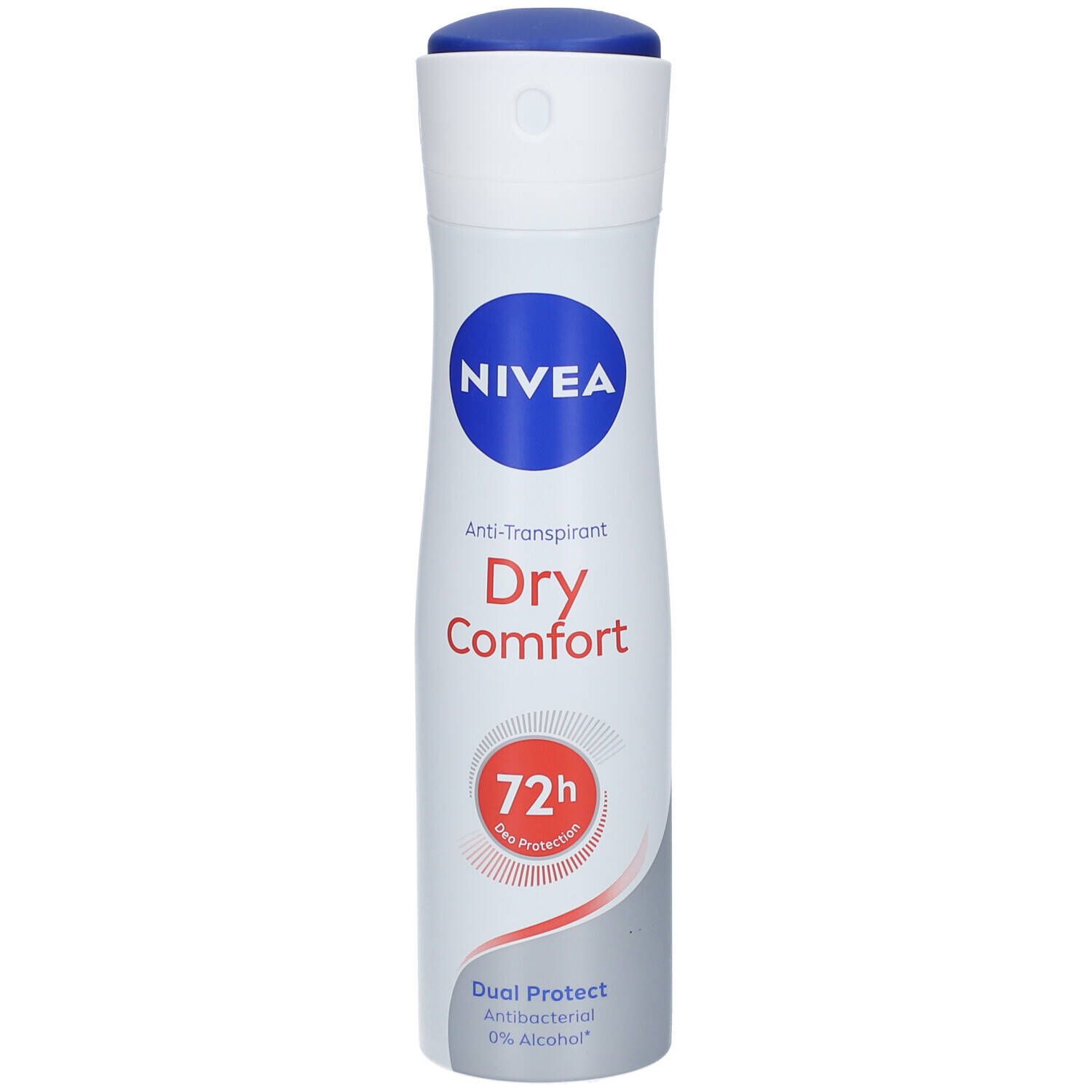 NIVEA Anti-Transpirant Dry Comfort. Witte fles met blauwe dop en logo. Tekst: 72u bescherming, Dual Protect, 0% alcohol.