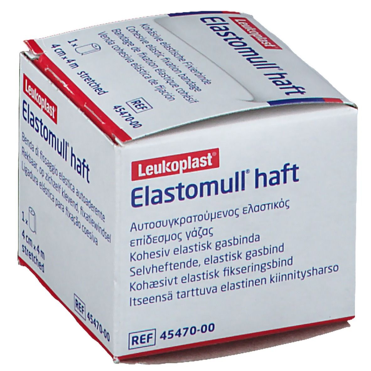 Emballage Elastomull haft. 4 cm x 4 m. Bande de fixation élastique cohésive. Inscriptions multilingues.