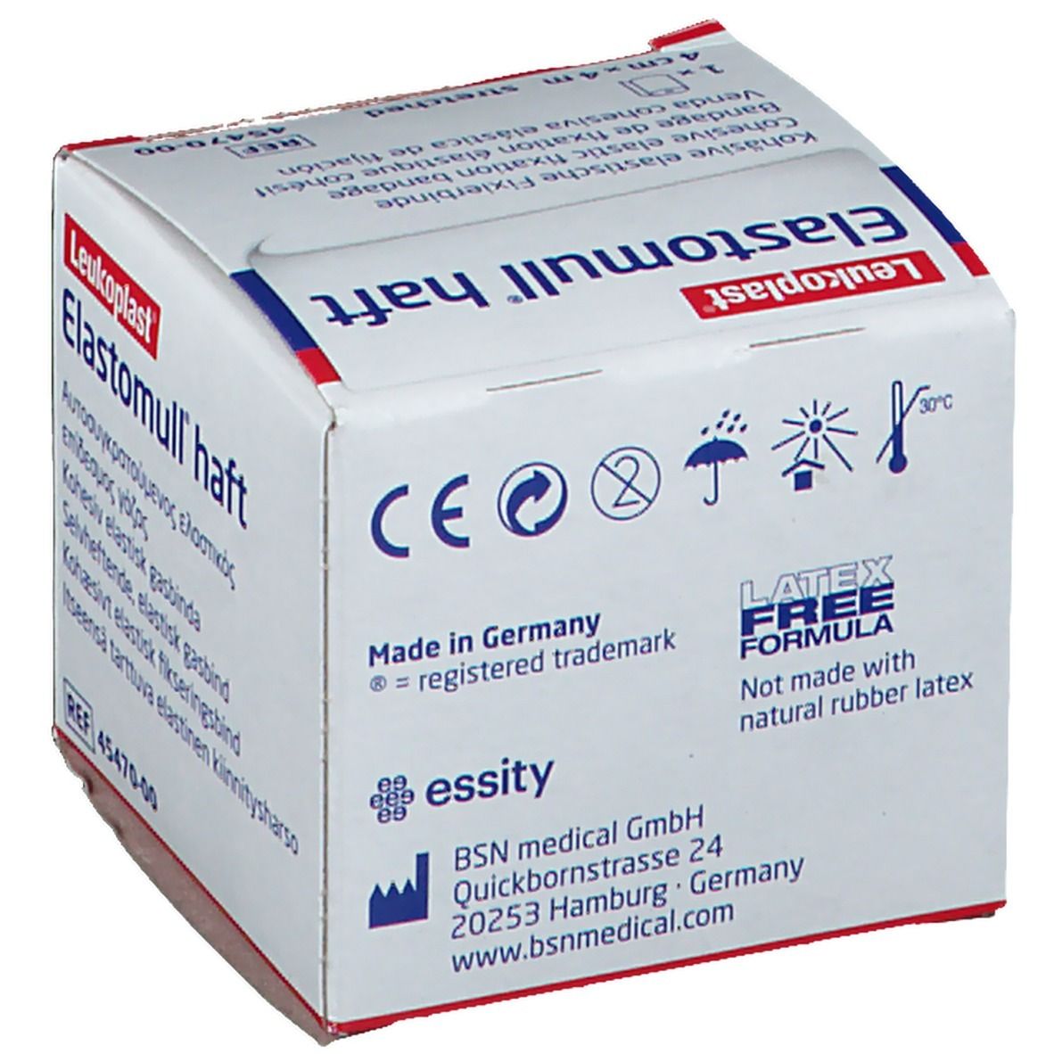 Emballage Elastomull haft. 4 cm x 4 m. Formule sans latex. Marquage CE. Fabriqué en Allemagne.