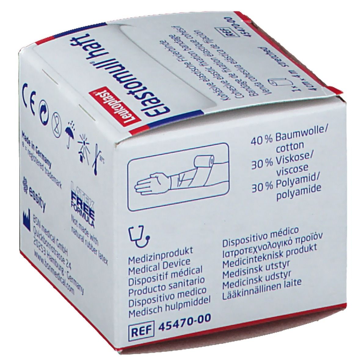 Emballage Elastomull haft. 4 cm x 4 m. Dispositif médical. 40% coton, 30% viscose, 30% polyamide.