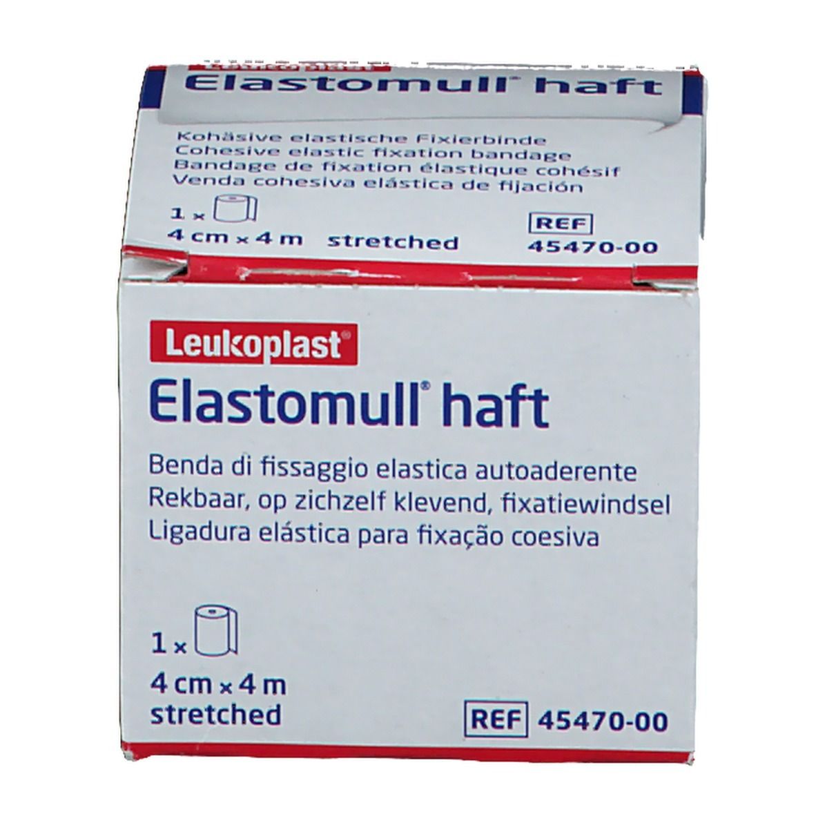 Emballage Elastomull haft. 4 cm x 4 m. Bande de fixation élastique cohésive. Marque Leukoplast. REF 45470-00.