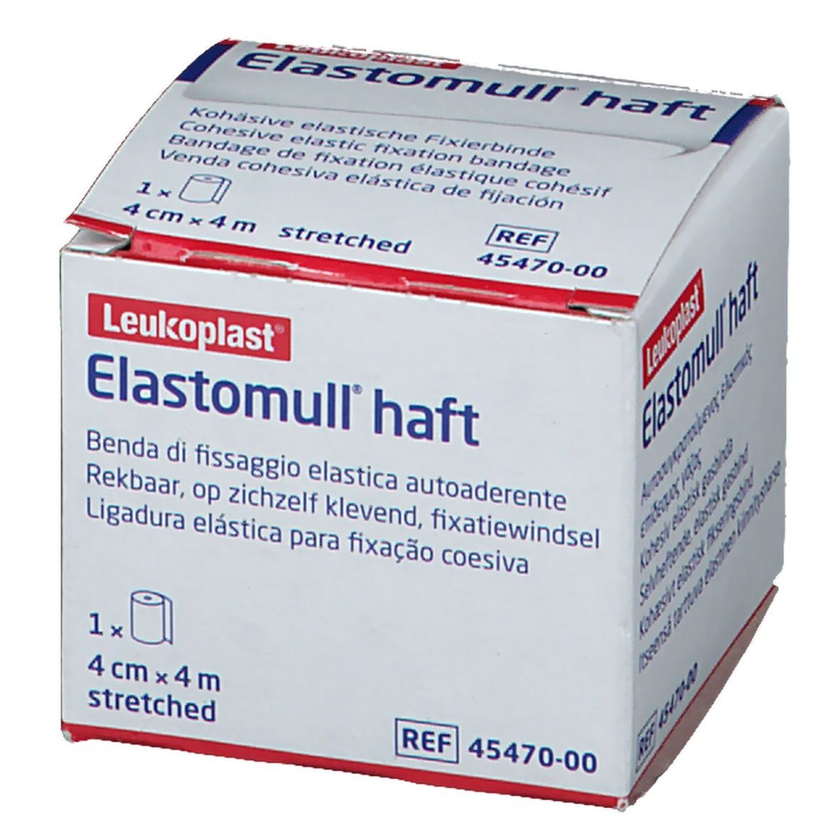 Emballage Elastomull haft. 4 cm x 4 m. Bande de fixation élastique cohésive. Marque Leukoplast. Emballage ouvert.