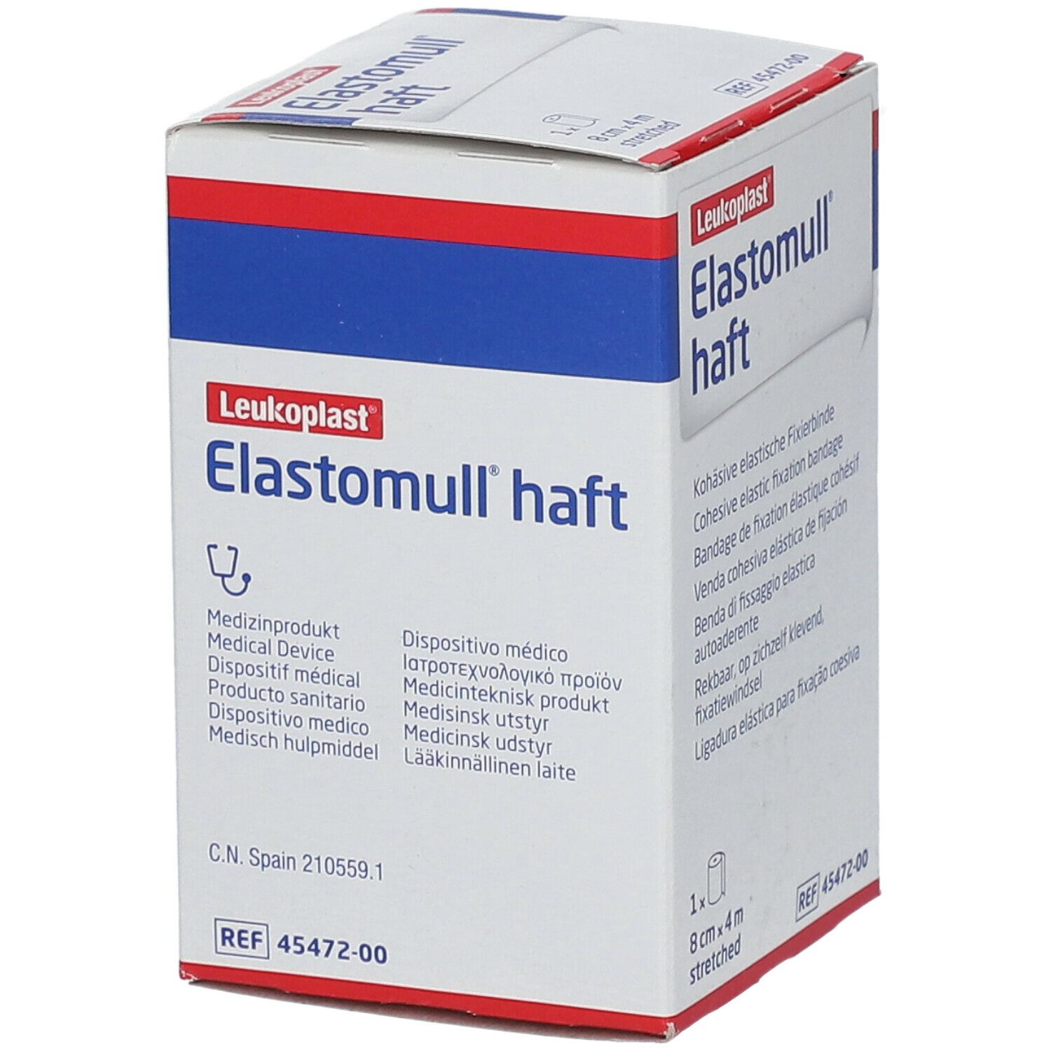 Boîte Elastomull haft. 8 cm x 4 m. Dispositif médical. Marque Leukoplast. Blanc, rouge et bleu.