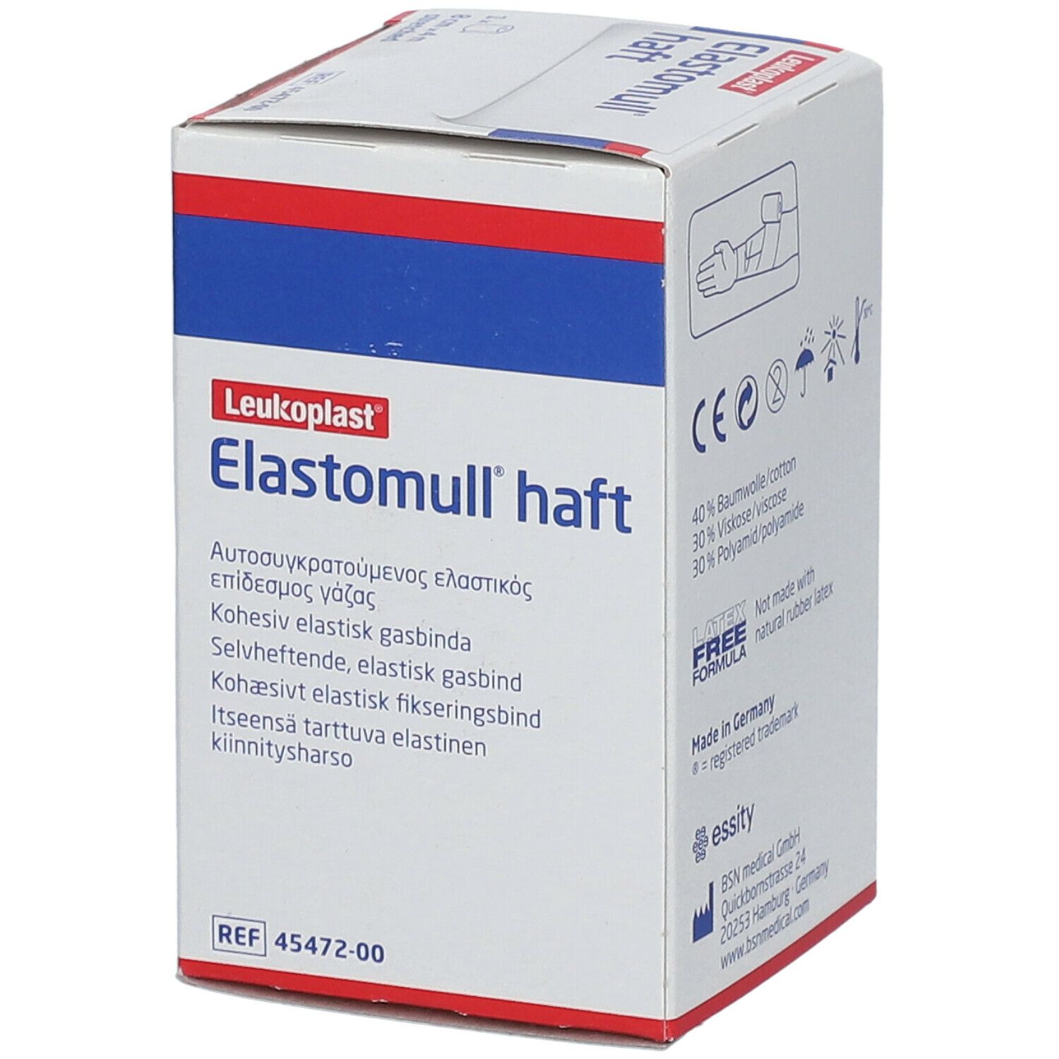 Boîte Elastomull haft. 8 cm x 4 m. Bandage de fixation élastique cohésif. Marque Leukoplast. Blanc, rouge et bleu.