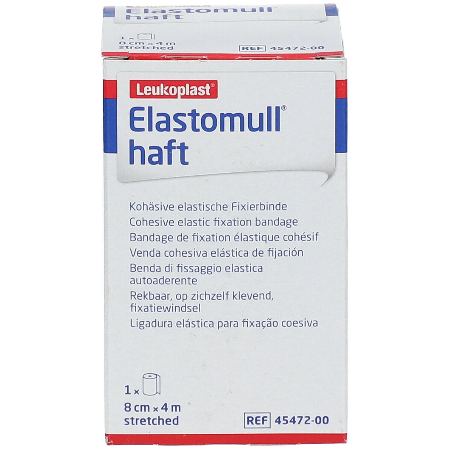 Boîte Elastomull haft. 8 cm x 4 m. Bandage de fixation élastique cohésif. Marque Leukoplast. Blanc, rouge et bleu.