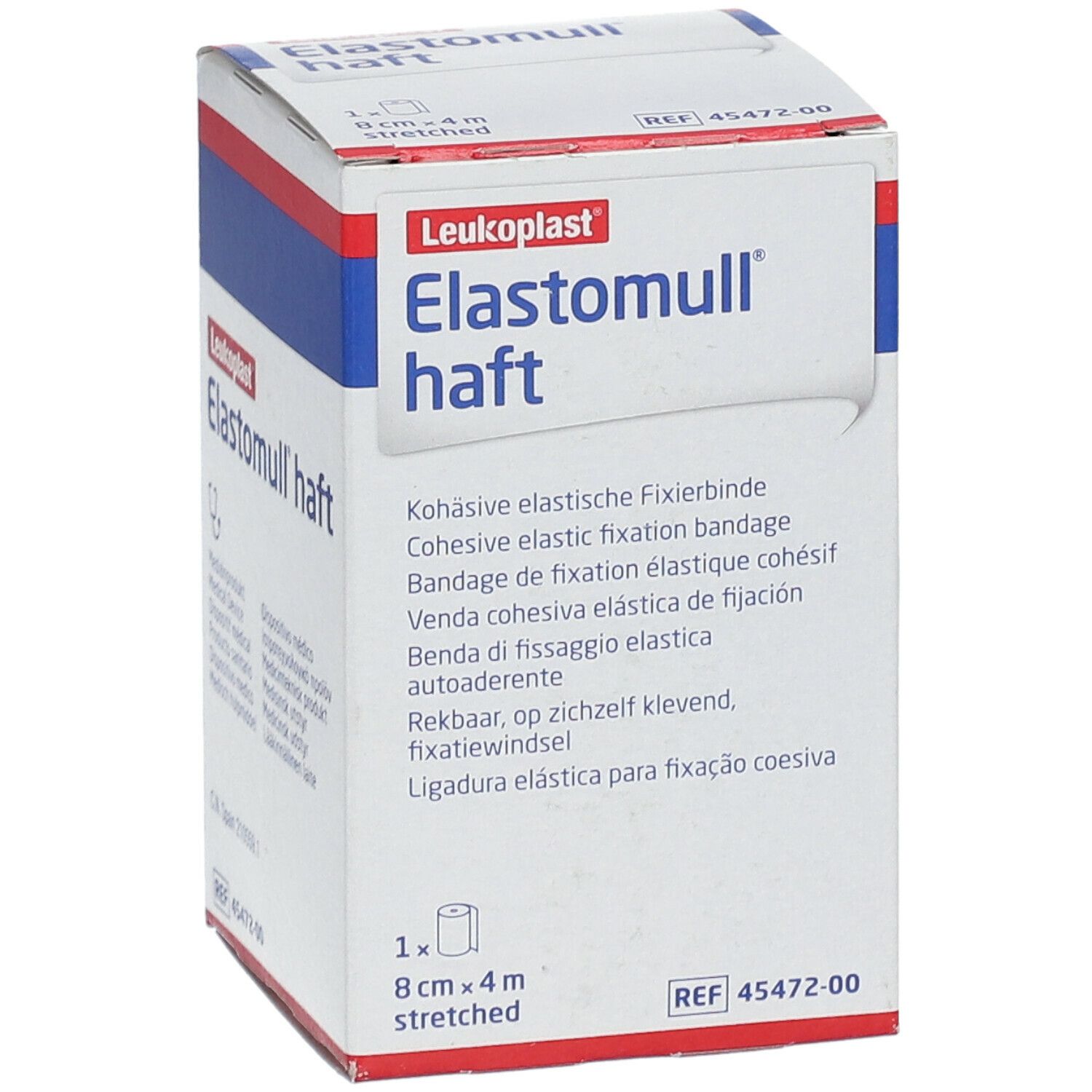 Boîte Elastomull haft. 8 cm x 4 m. Bandage de fixation élastique cohésif. Marque Leukoplast. Blanc, rouge et bleu.