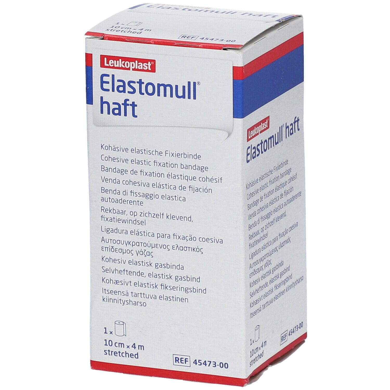 Elastomull haft Verpackung. 10 cm x 4 m. Weiß, rot und blau. Aufschrift: Kohäsive elastische Fixierbinde.