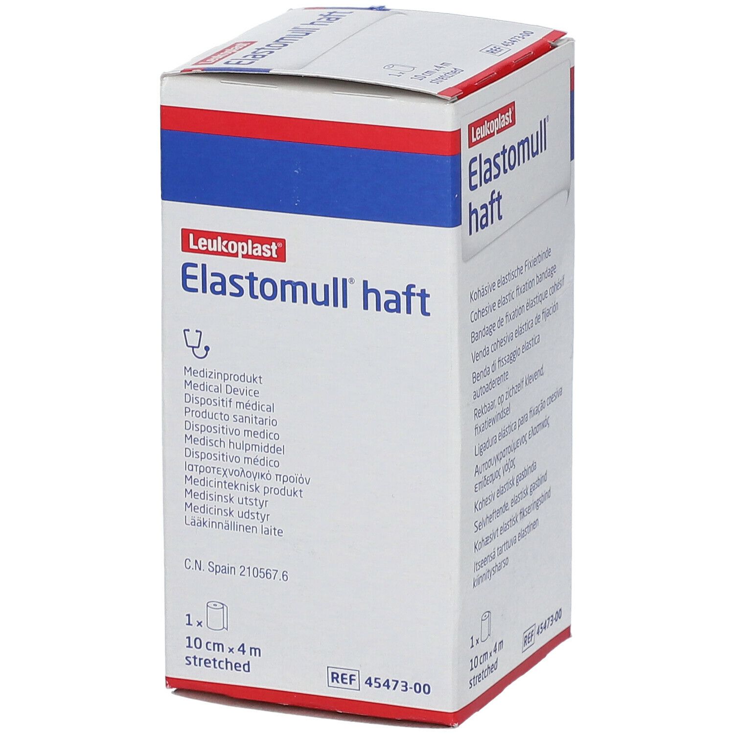 Elastomull haft Verpackung. 10 cm x 4 m. Weiß, rot und blau. Medizinprodukt. Mit Stethoskop-Symbol.