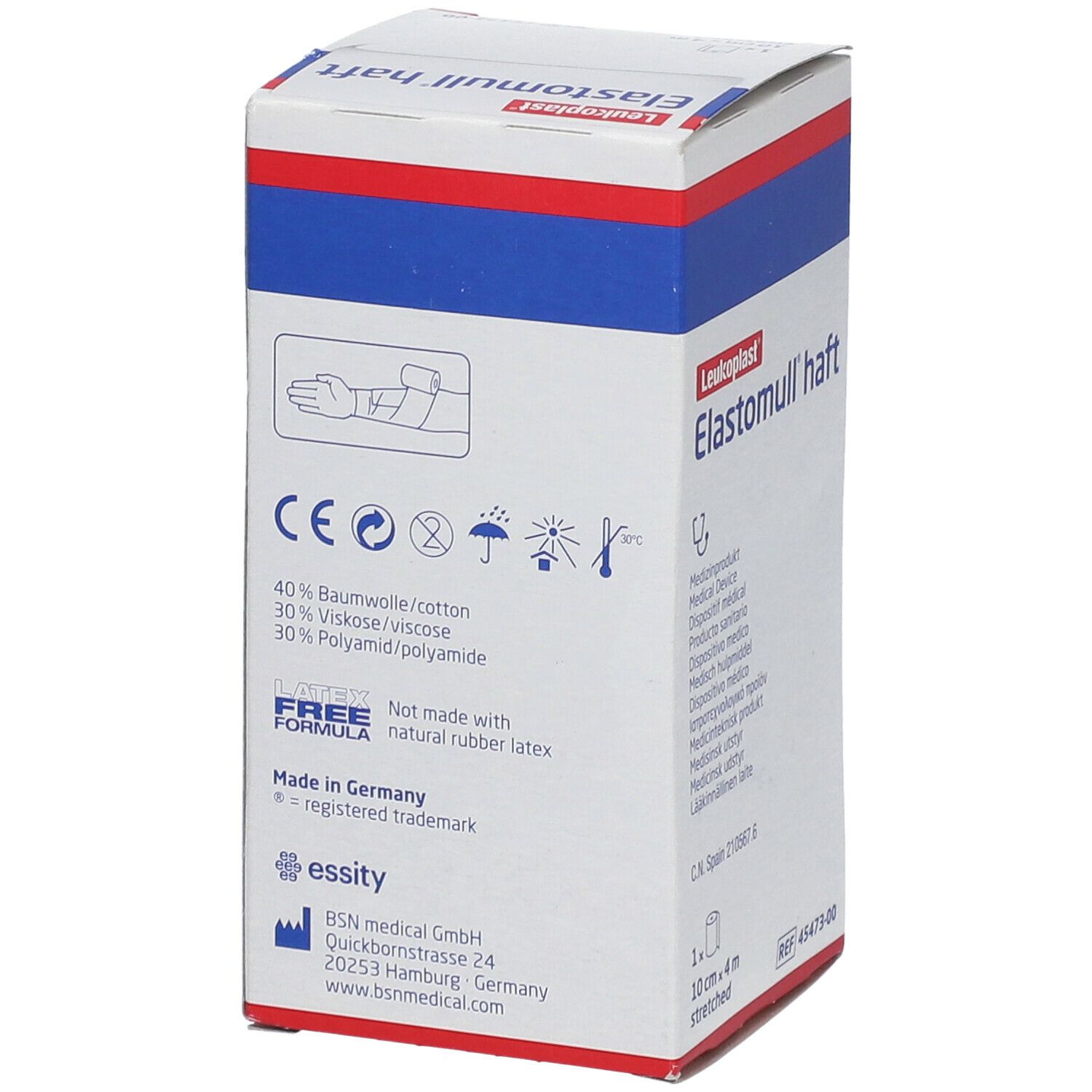 Elastomull haft Verpackung. 10 cm x 4 m. Rückseite mit Inhaltsangaben und Symbolen. CE-Kennzeichnung.