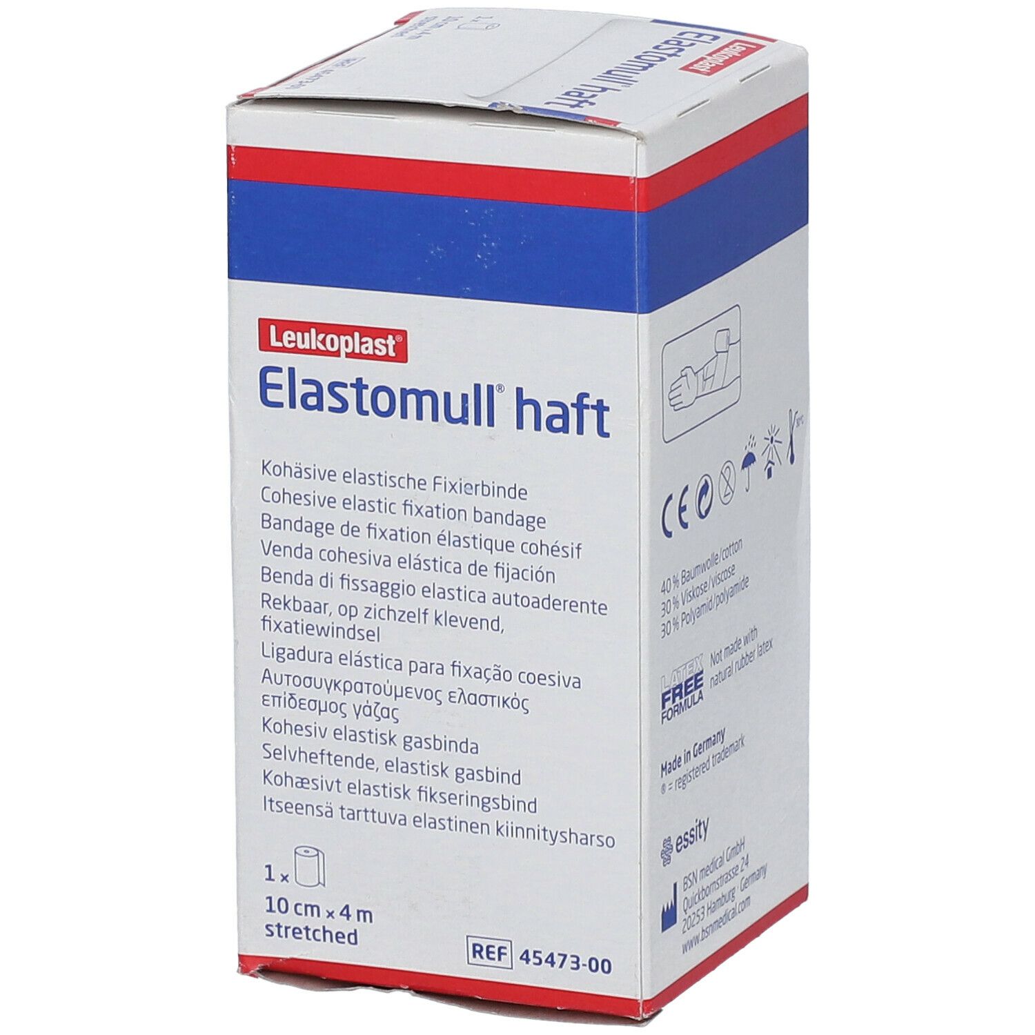 Elastomull haft Verpackung. 10 cm x 4 m. Weiß, rot und blau. Aufschrift: Kohäsive elastische Fixierbinde. Mit Inhaltsangaben.
