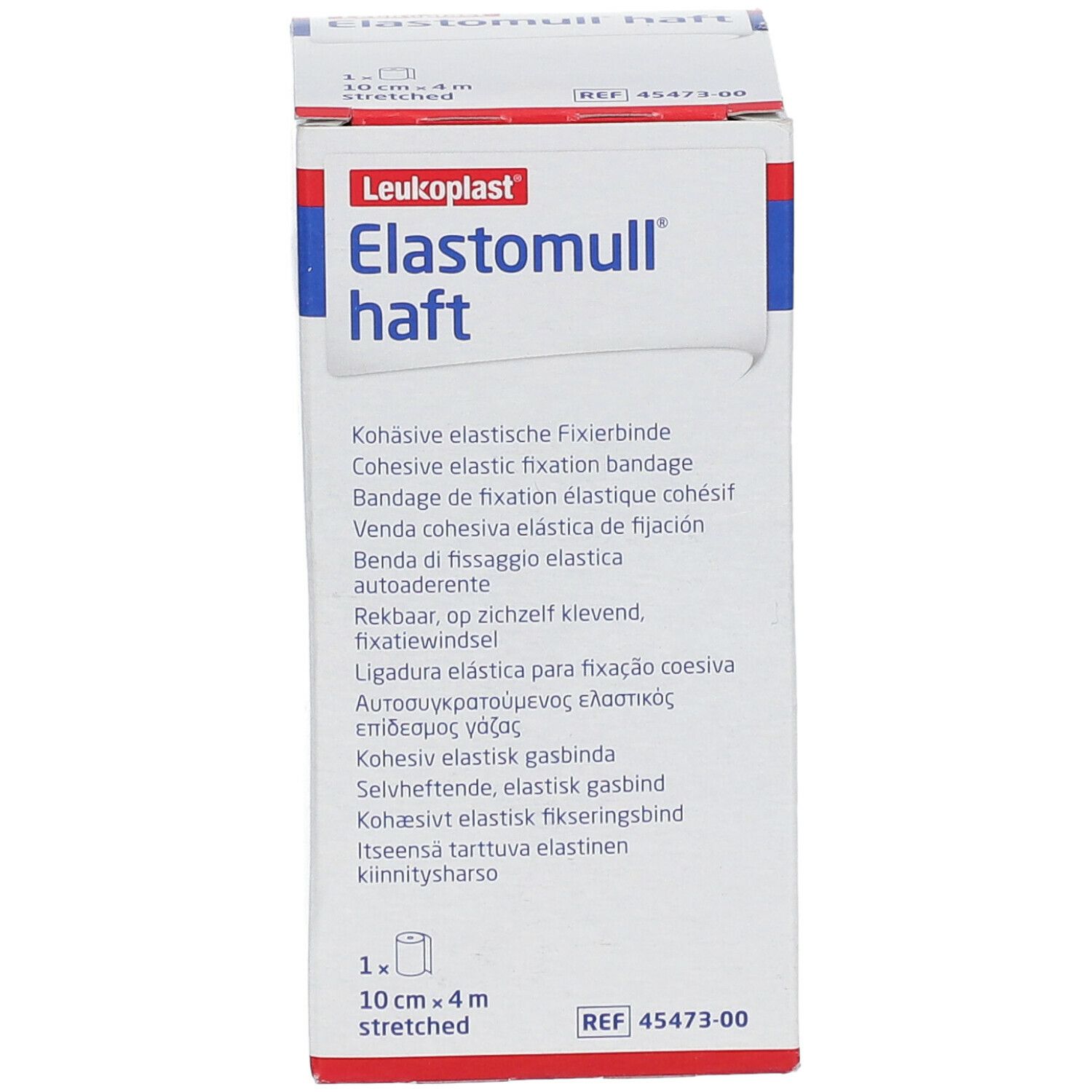 Elastomull haft Verpackung. 10 cm x 4 m. Weiß, rot und blau. Aufschrift: Kohäsive elastische Fixierbinde.