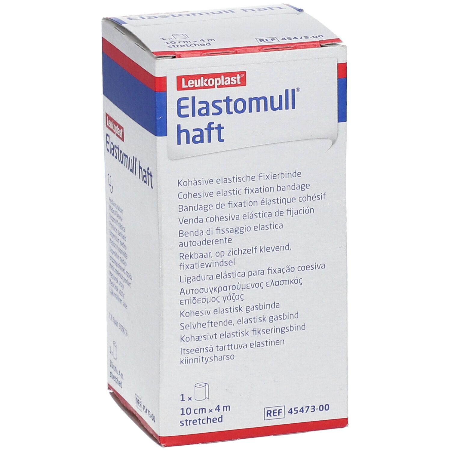 Elastomull haft Verpackung. 10 cm x 4 m. Weiß, rot und blau. Aufschrift: Kohäsive elastische Fixierbinde.