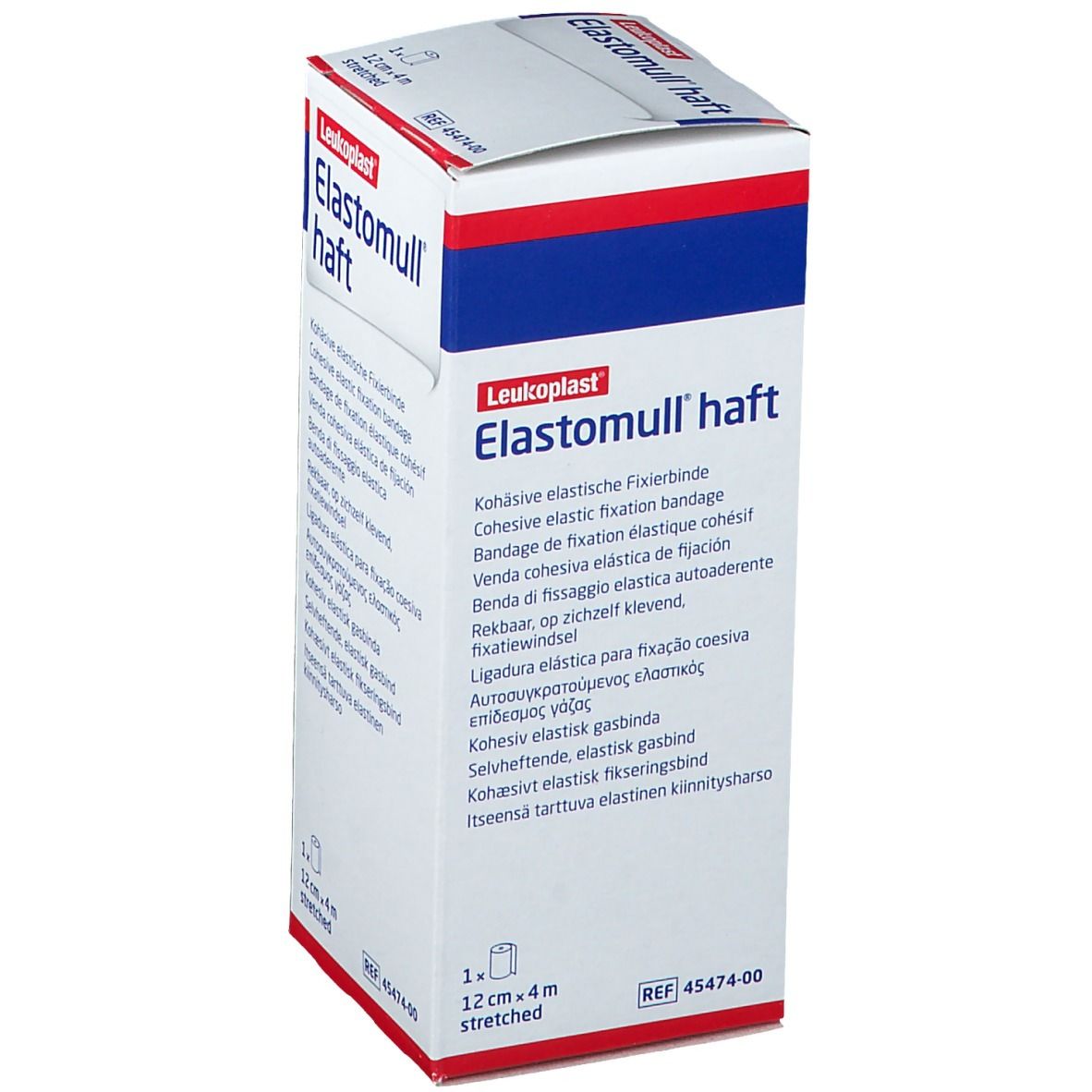 Verpakking van Elastomull haft. 12 cm x 4 m. Cohesieve elastische fixatiezwachtel. Merk Leukoplast.