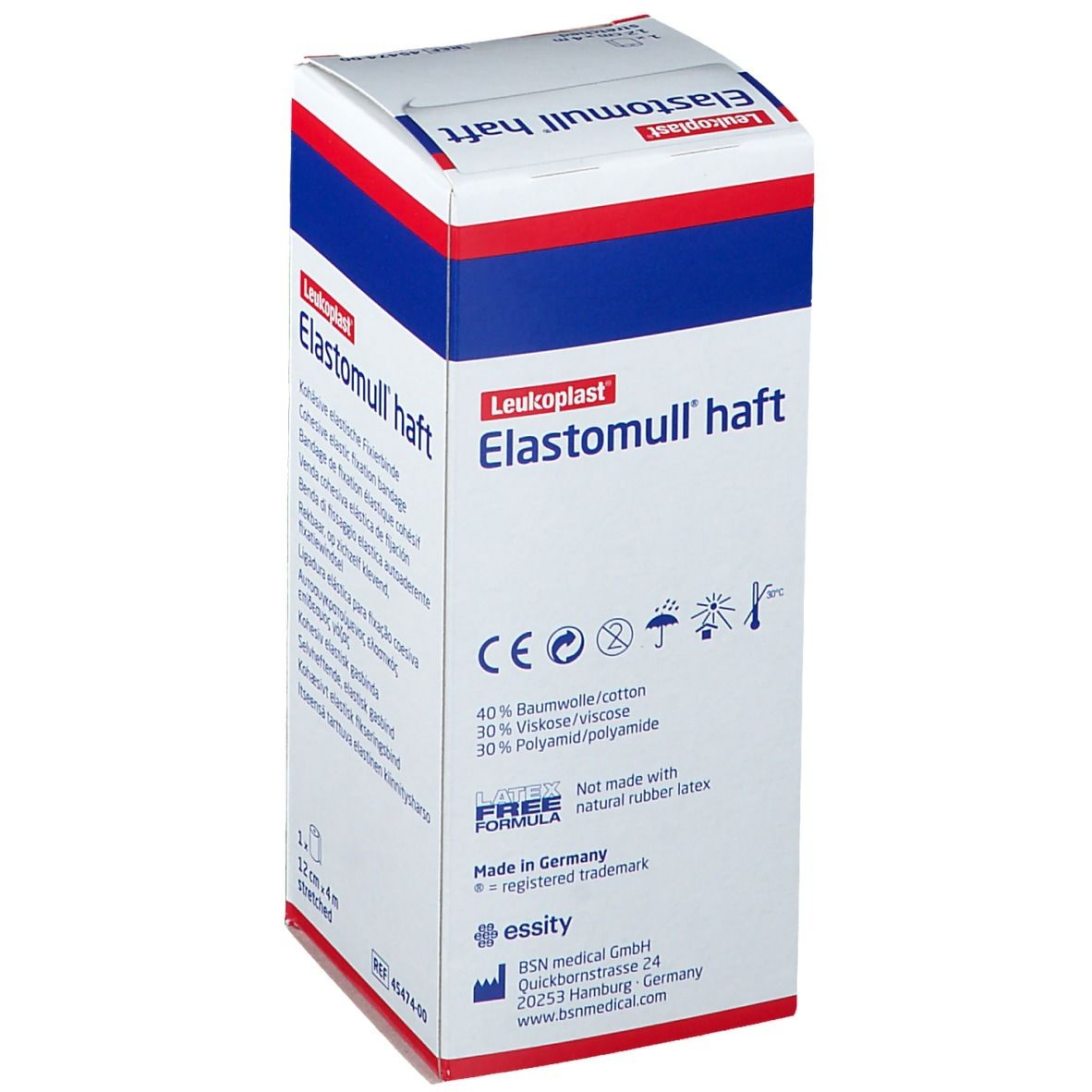 Verpakking van Elastomull haft. 12 cm x 4 m. Cohesieve elastische fixatiezwachtel. Merk Leukoplast. Ingrediënten: katoen, viscose, polyamide.