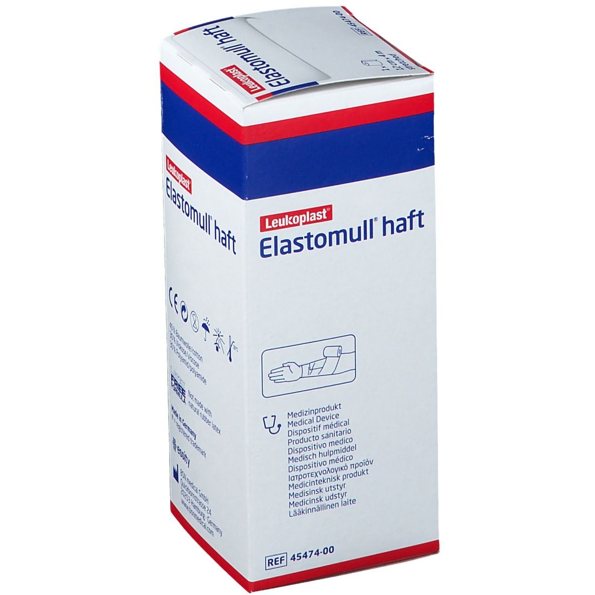 Verpakking van Elastomull haft. 12 cm x 4 m. Cohesieve elastische fixatiezwachtel. Merk Leukoplast. Medisch hulpmiddel.