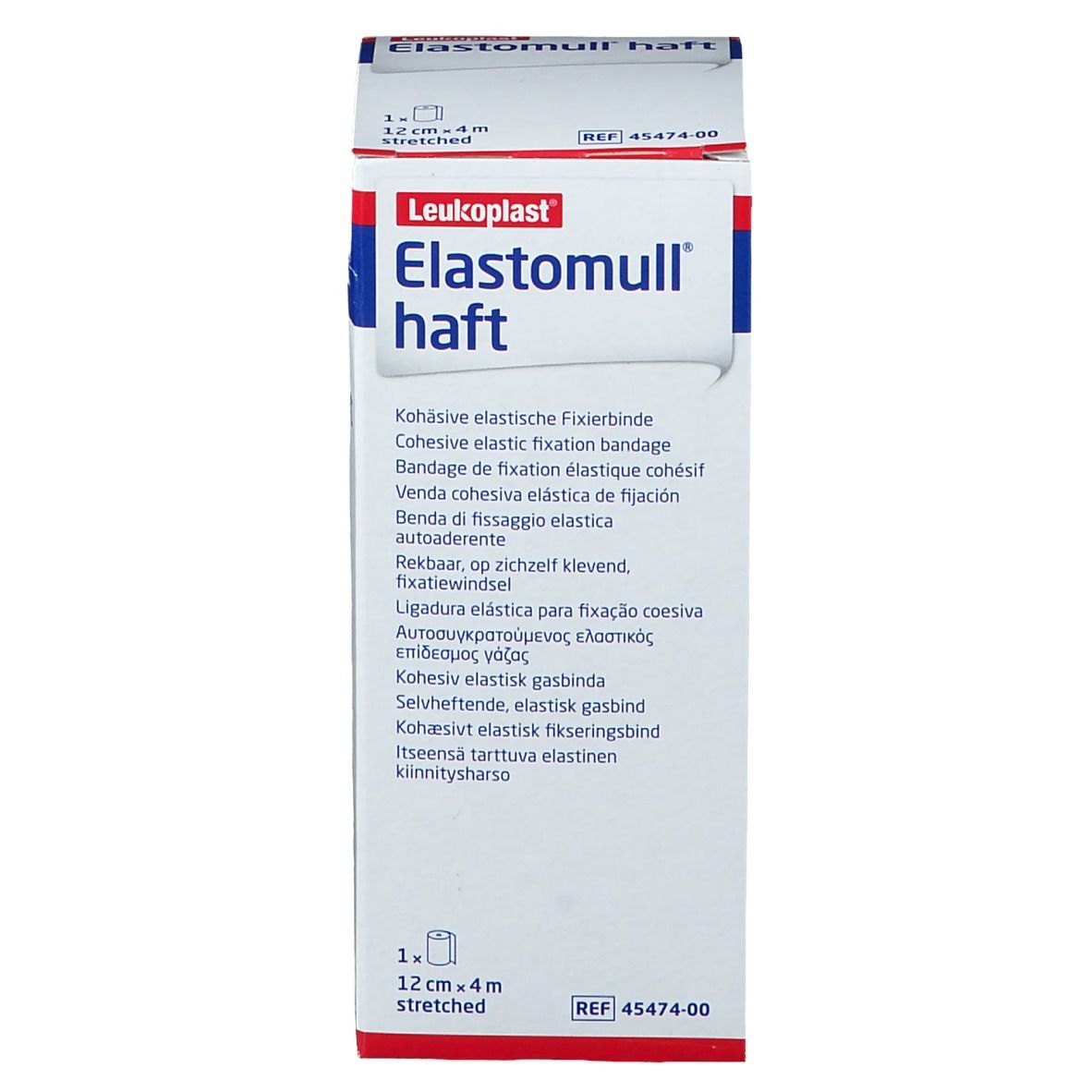 Verpakking van Elastomull haft. 12 cm x 4 m. Cohesieve elastische fixatiezwachtel. Merk Leukoplast.