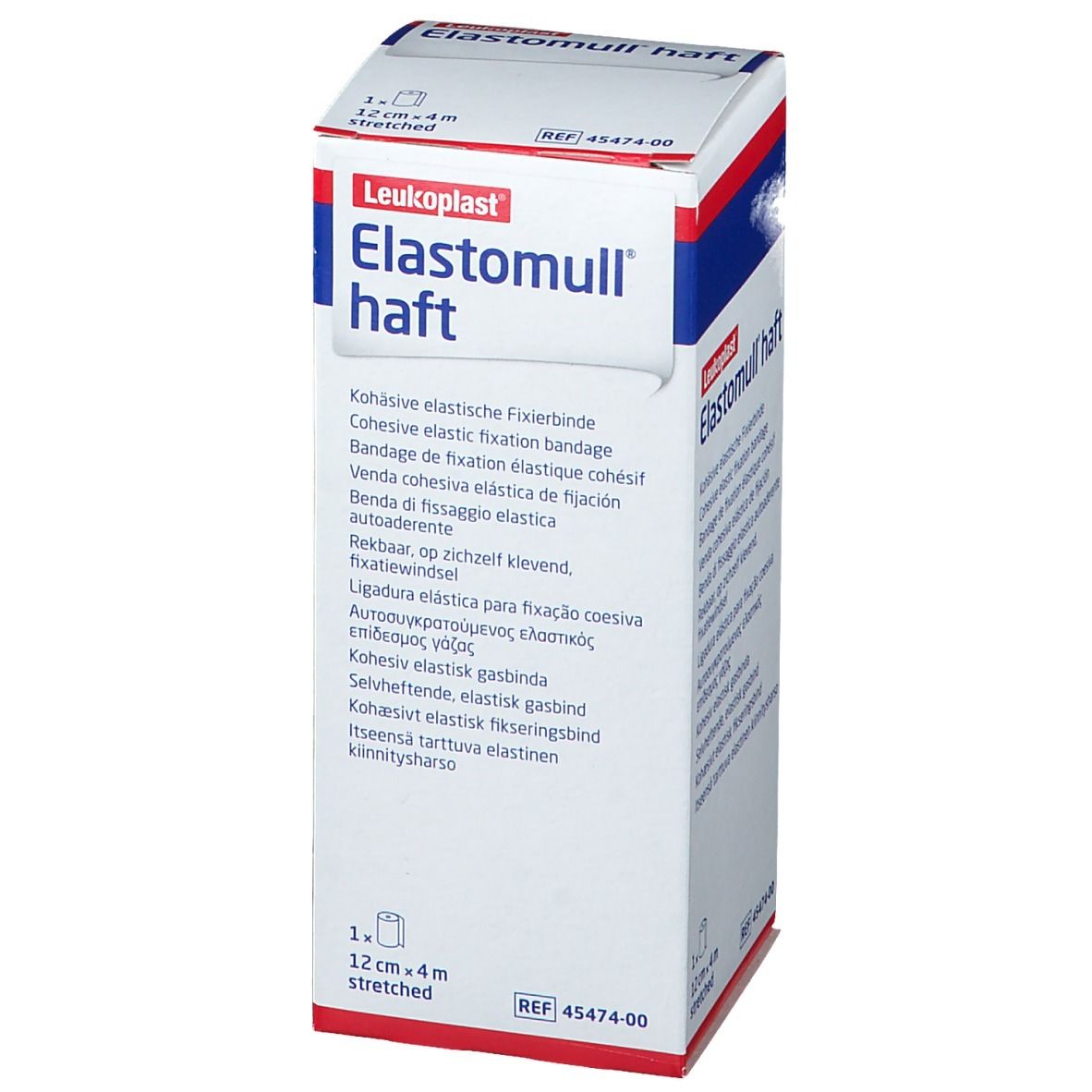 Verpakking van Elastomull haft. 12 cm x 4 m. Cohesieve elastische fixatiezwachtel. Merk Leukoplast.