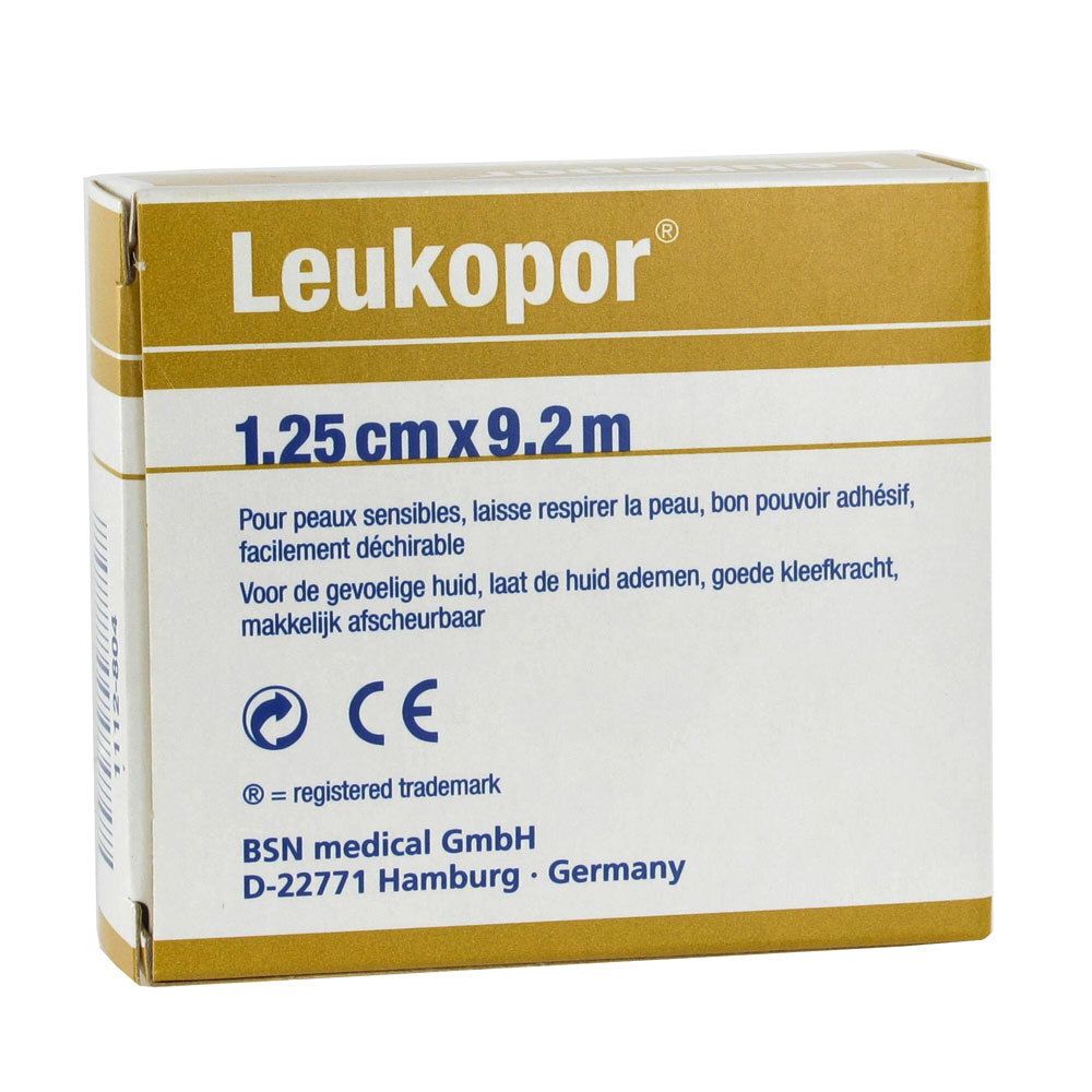 Boîte de Leukopor, 1,25 cm x 9,2 m. Pour peaux sensibles. Marquage CE. BSN medical GmbH.