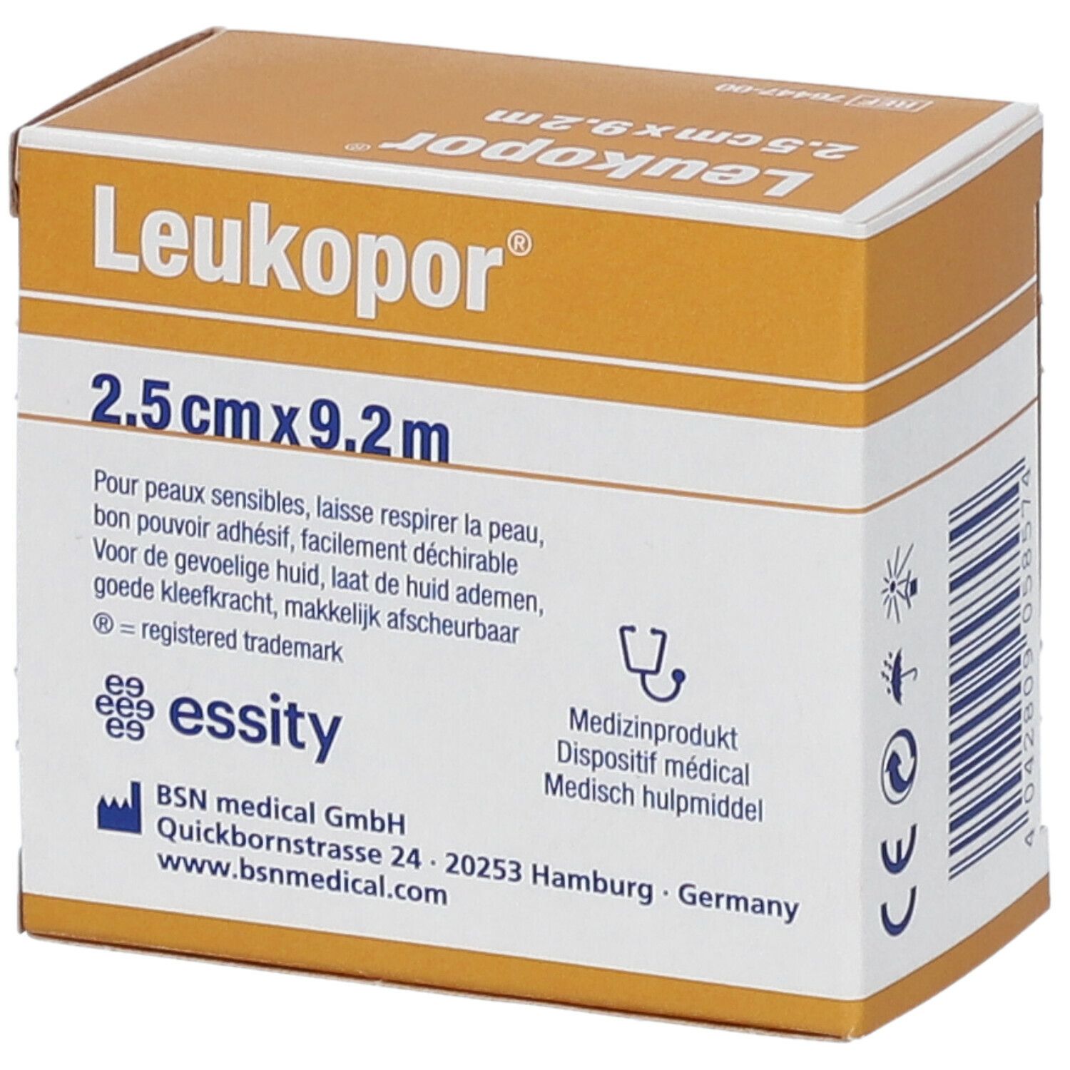 Boîte Leukopor. Inscription : 2,5 cm x 9,2 m. Pour peaux sensibles. Dispositif médical. BSN medical GmbH. Emballage blanc et orange.