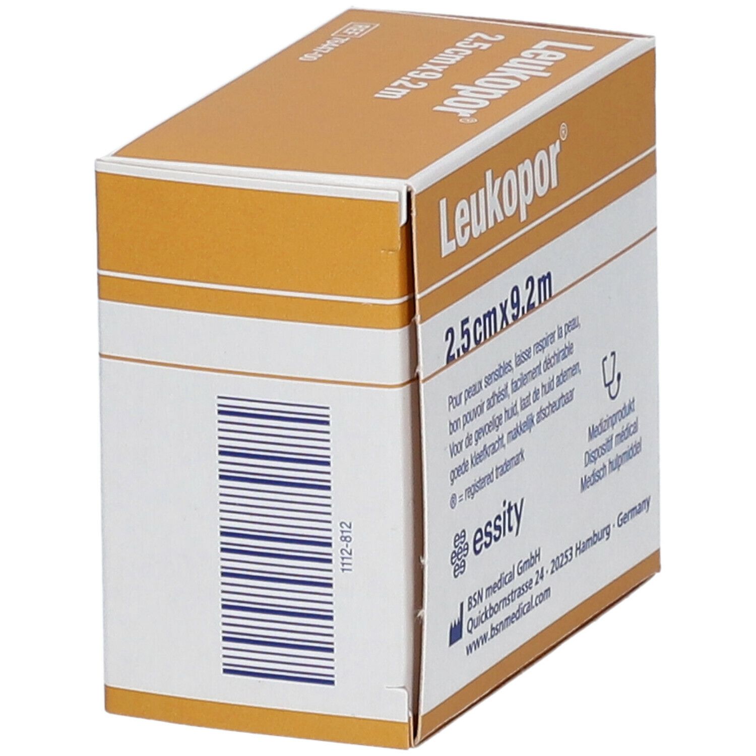 Vue latérale de la boîte Leukopor. Inscription : 2,5 cm x 9,2 m. BSN medical GmbH. Emballage blanc et orange. Dispositif médical.