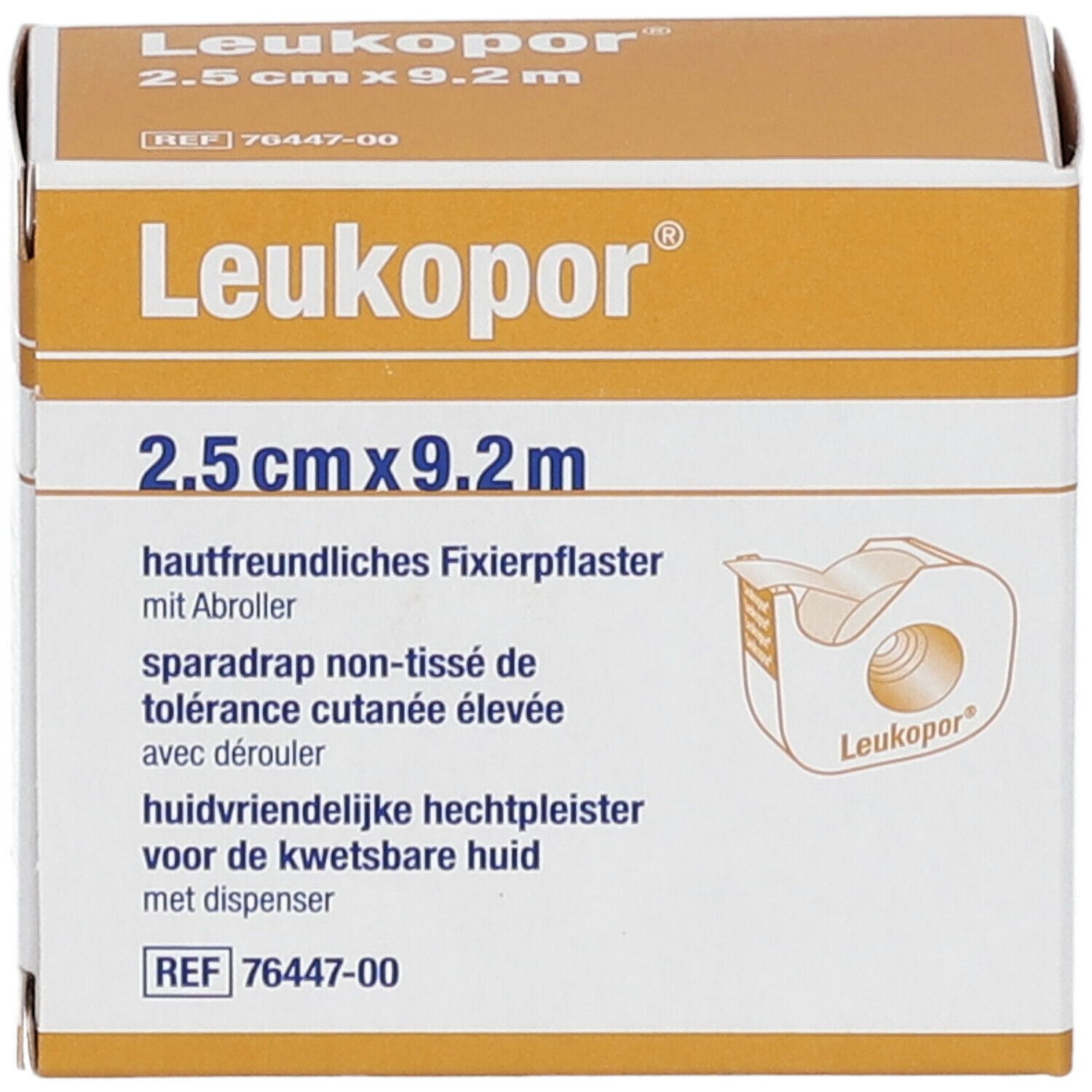 Boîte de sparadrap Leukopor. Inscription : 2,5 cm x 9,2 m. Avec dérouleur. Doux pour la peau. Emballage blanc et orange.