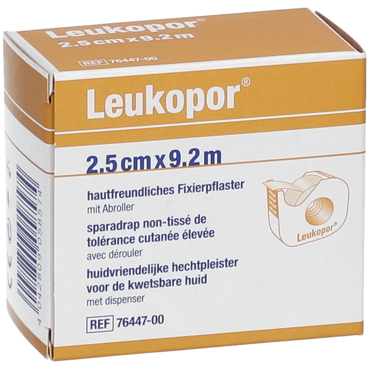 Boîte de sparadrap Leukopor. Inscription : 2,5 cm x 9,2 m. Avec dérouleur. Doux pour la peau. Emballage blanc et orange.