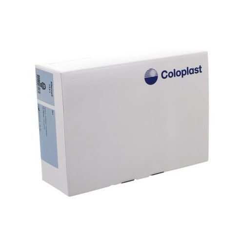 Boîte blanche avec logo Coloplast. Étiquettes bleues et blanches sur le côté. Vue en perspective.