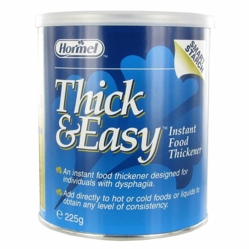 Boîte bleue "Thick & Easy" avec couvercle blanc. Épaississant instantané. Marque Hormel. Contient 225g.