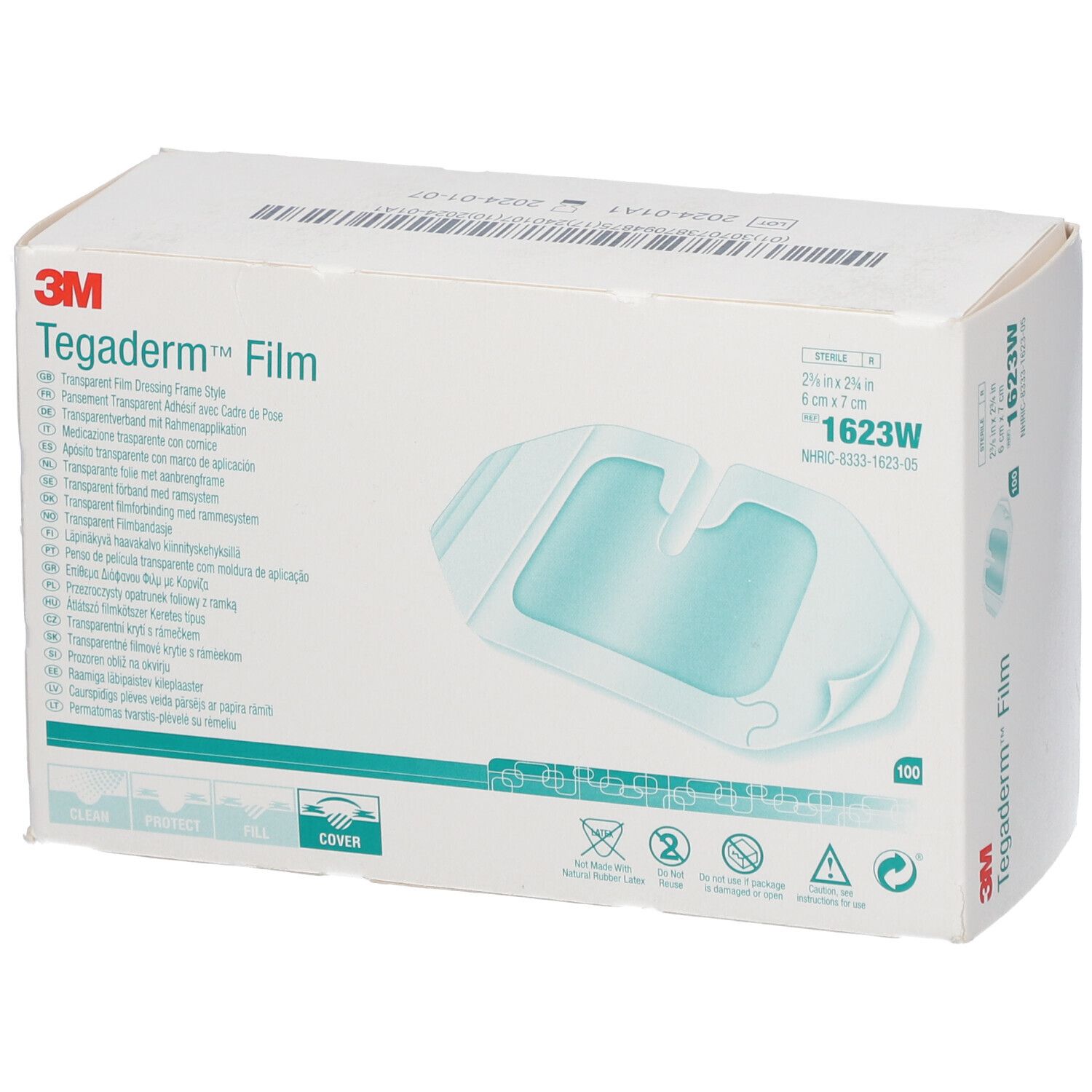 Boîte de 3M Tegaderm Film. Pansement transparent avec applicateur. Contient 100 unités. Dimensions 6 x 7 cm. Inscriptions multilingues.