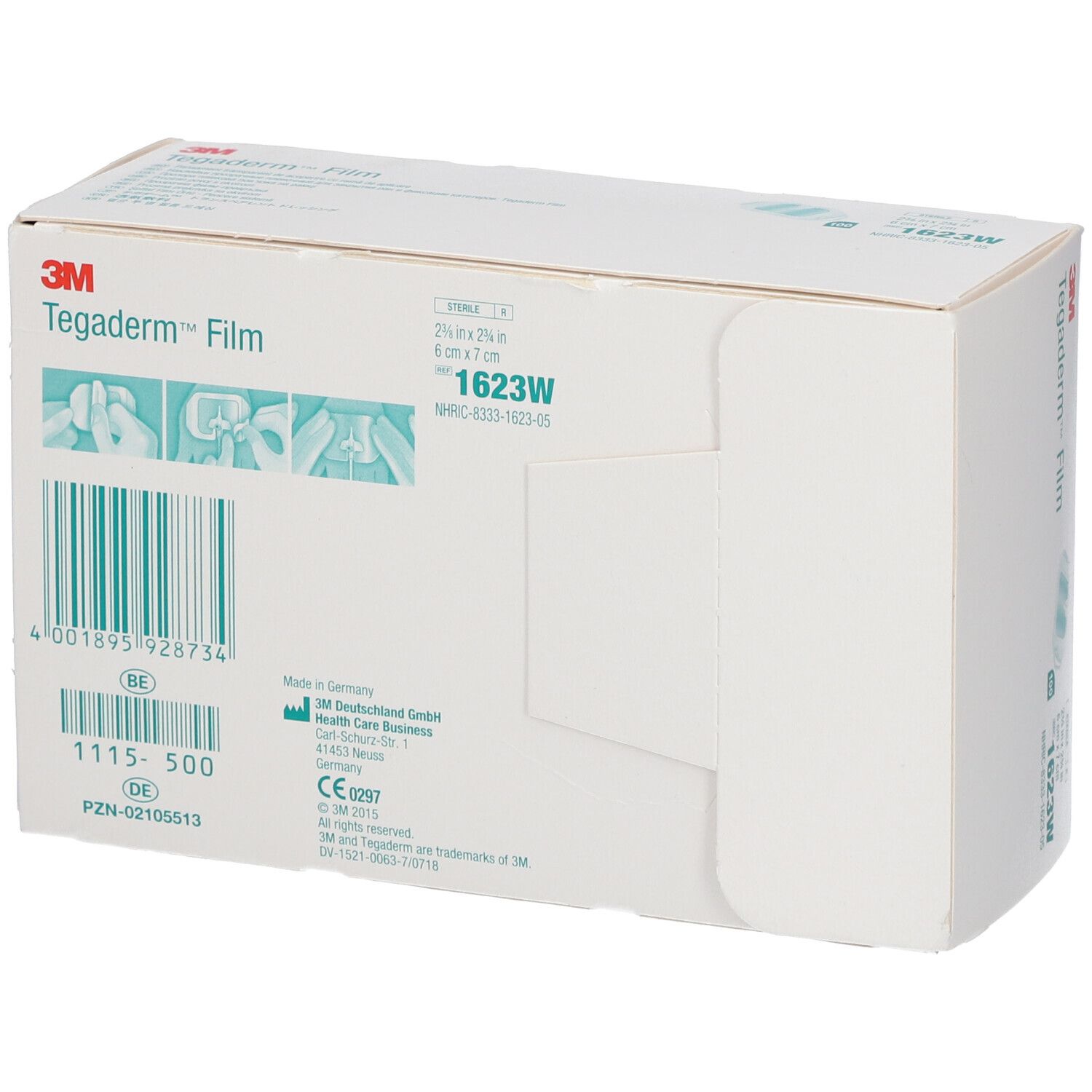 Dos de la boîte de 3M Tegaderm Film. Contient 100 pansements. Dimensions 6 x 7 cm. Marquage CE. Code-barres et informations.