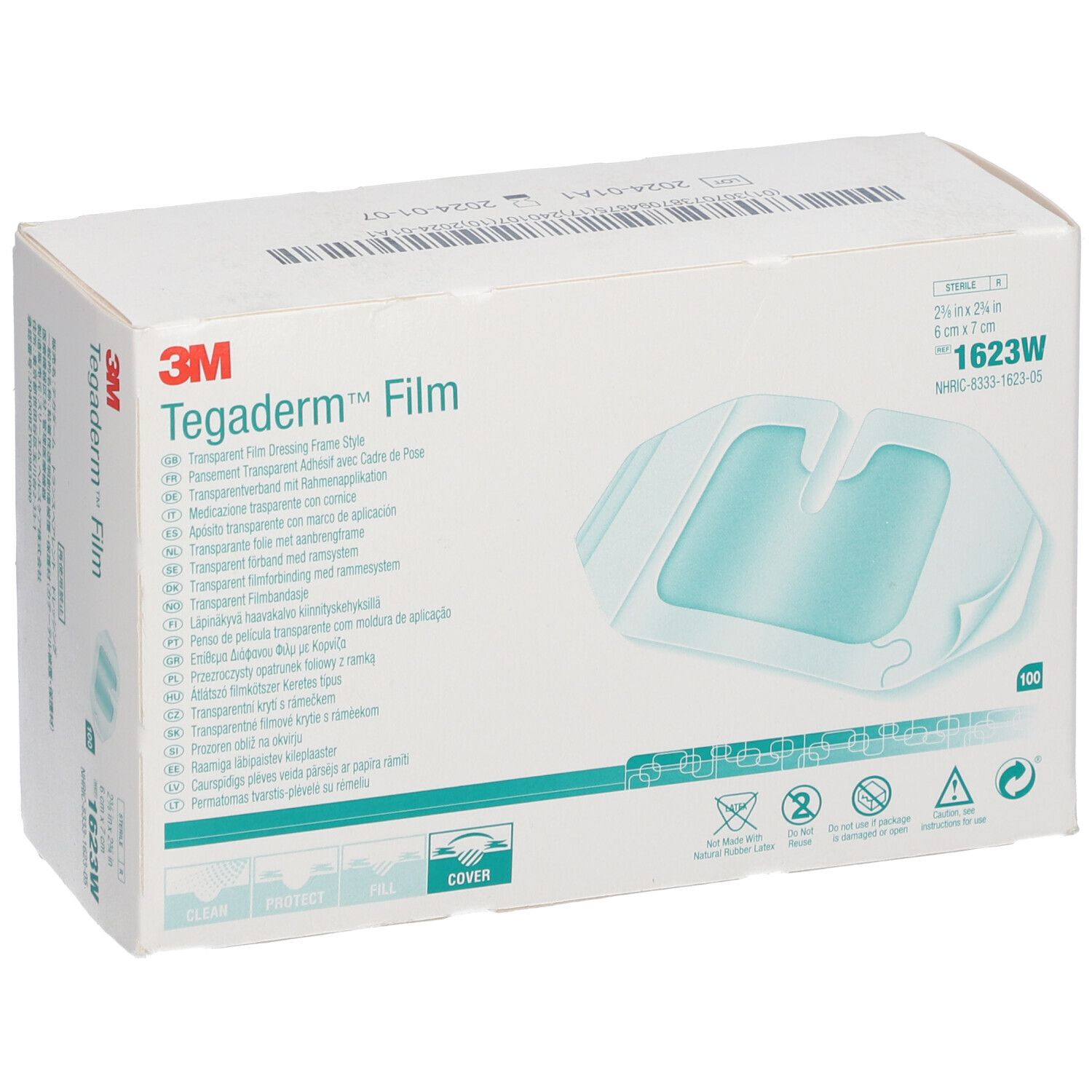 Boîte de 3M Tegaderm Film. Contient 100 pansements. Dimensions 6 x 7 cm. Inscriptions multilingues.