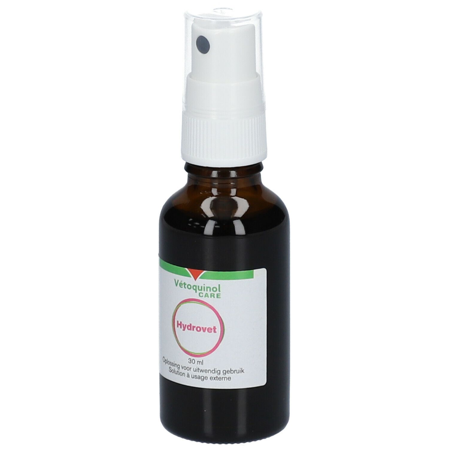 Flacon en verre brun avec pulvérisateur blanc. Étiquette "Hydrovet" et "Vétoquinol Care".