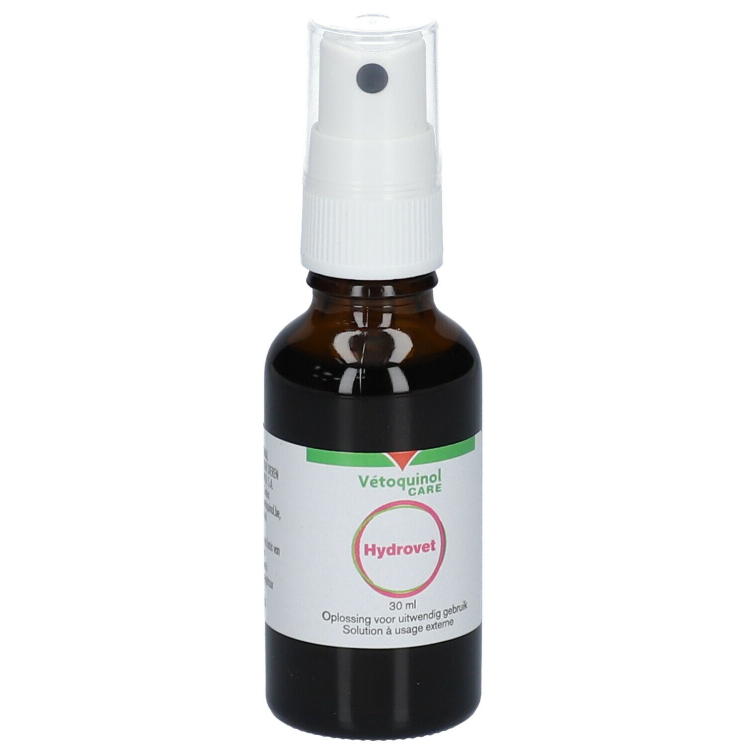 Flacon en verre brun avec pulvérisateur blanc. Étiquette "Hydrovet" et "Vétoquinol Care".