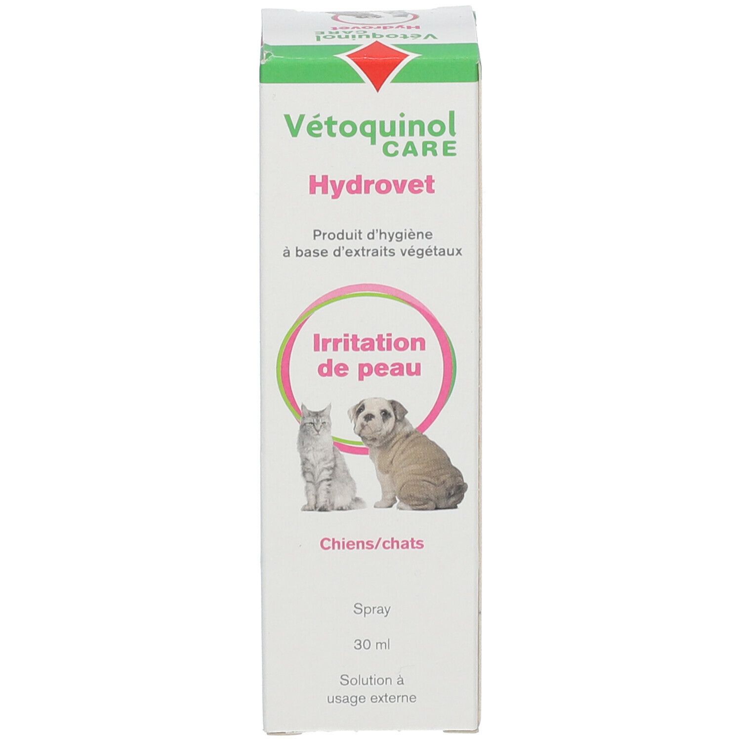 Emballage du produit avec texte, logo et image chien et chat.
