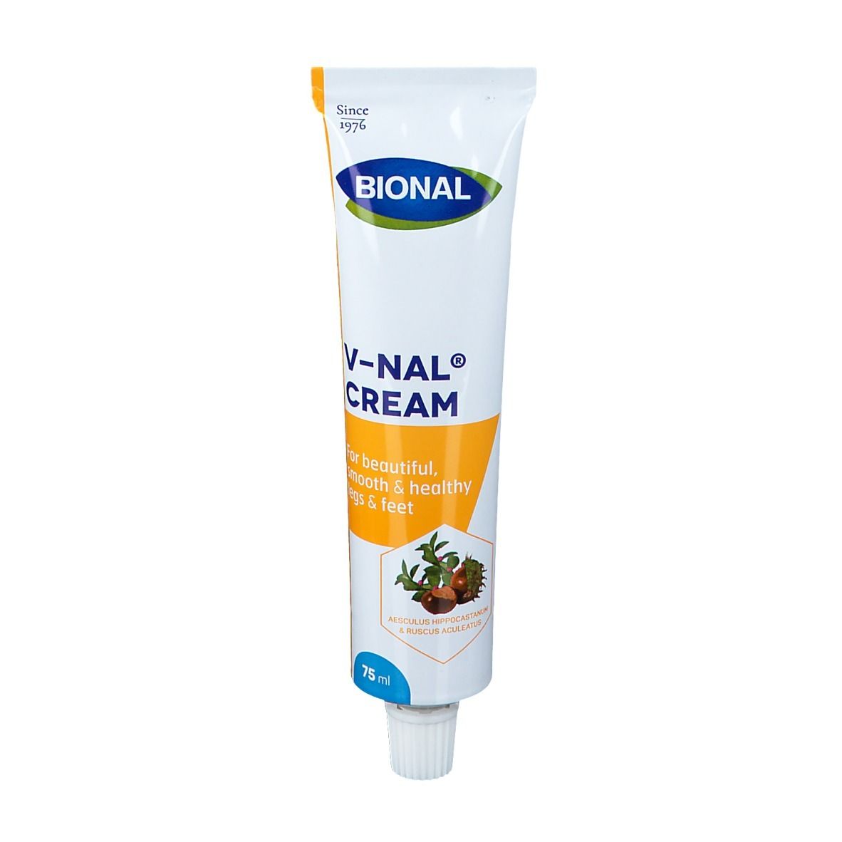 Tube BIONAL V-NAL CRÈME. Pour des jambes belles, lisses et saines. 75 ml. Gros plan.