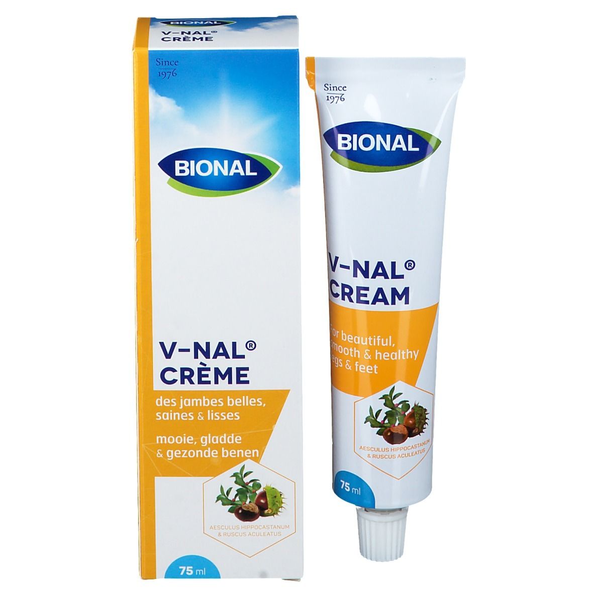 Boîte et tube BIONAL V-NAL CRÈME. Pour des jambes belles, lisses et saines. 75 ml.