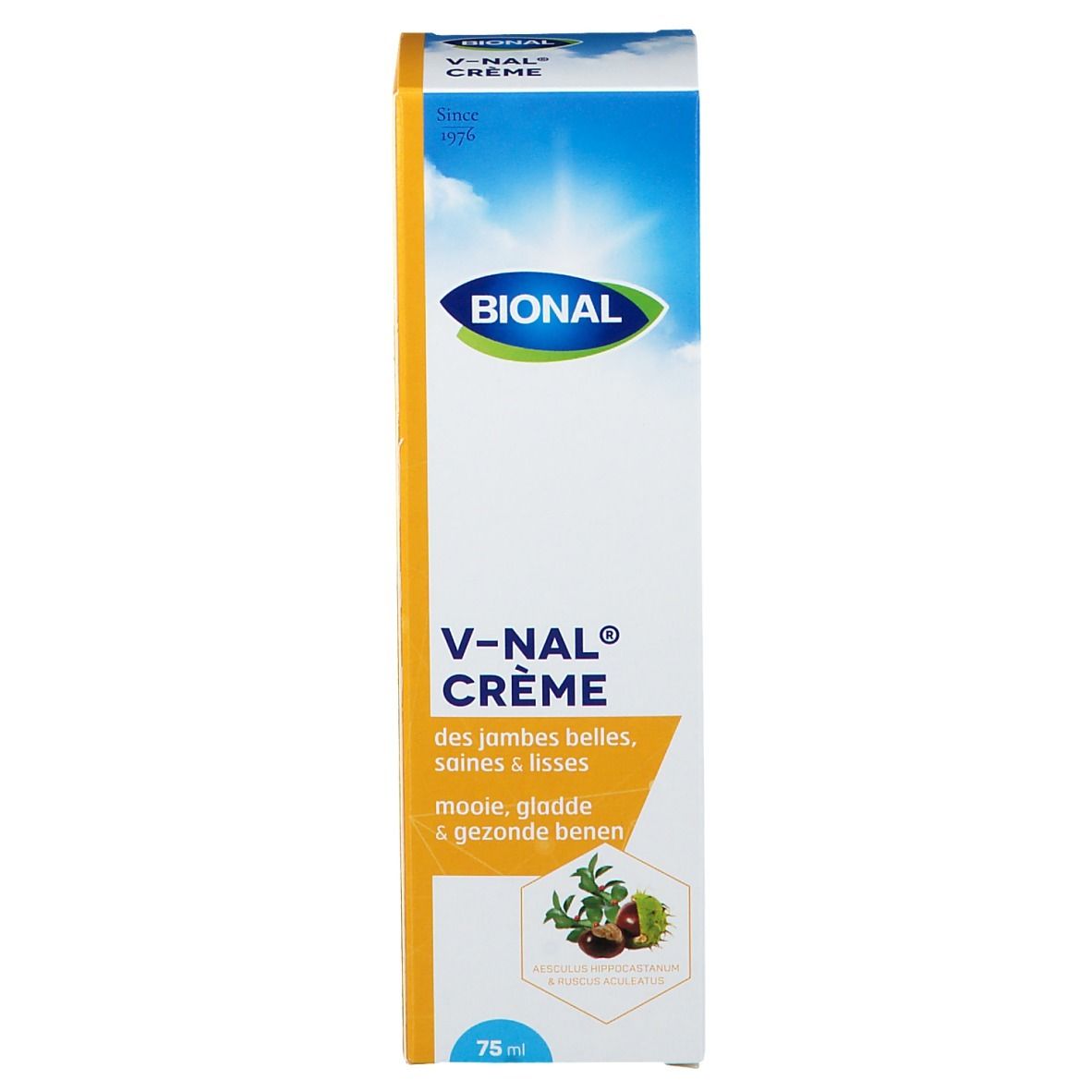 Boîte BIONAL V-NAL CRÈME. Pour des jambes belles, lisses et saines. 75 ml. Image du produit.