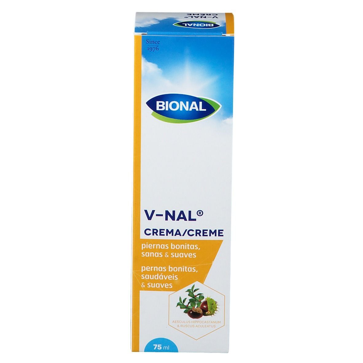 Boîte BIONAL V-NAL CRÈME. Crème/Crème. Texte en allemand, espagnol, portugais.